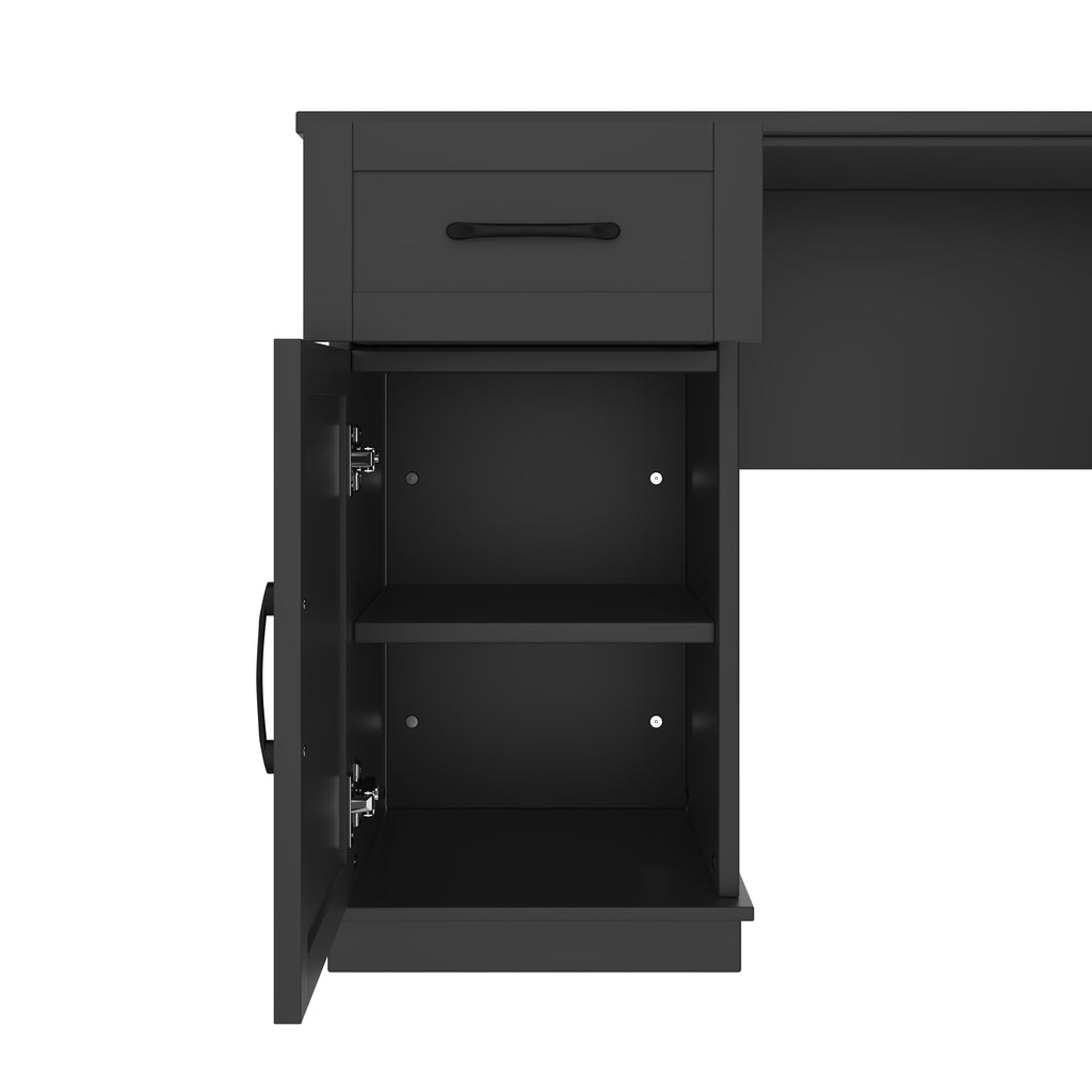 L-shaped computer desk with 2 cabinets and 2 drawers underneath the table, 11 open shelves and a flip-up shelf with storage on the right side, suitable for study, living room and office, Black