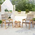Outdoor Acacia Wood 3-Piece Lounge Set: 2 Cape Woven Wicker Lounge Chairs with Pillows + 18' Solid Side Table for Patio, Deck, Yard, Lawn, and Garden (Teak Finish + Natural Wicker + Light Grey Fabric
