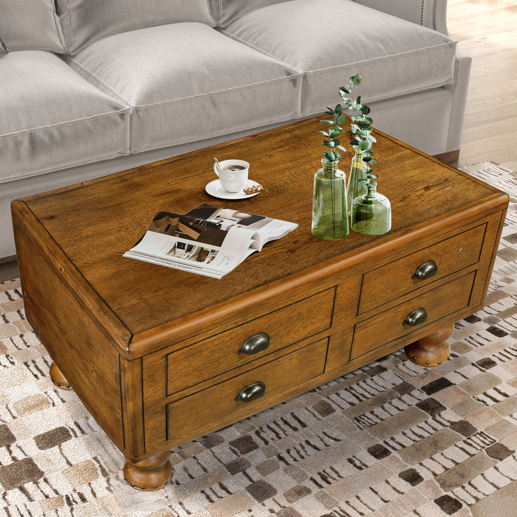 Solid Wood Rectangle Coffee Table for Living Room, 40-Inch Antique Coffee Table with 4 Drawers, Wood Center Table Tea Table with Rivet Decoration Legs.Easy Assembly,  Antique Brown