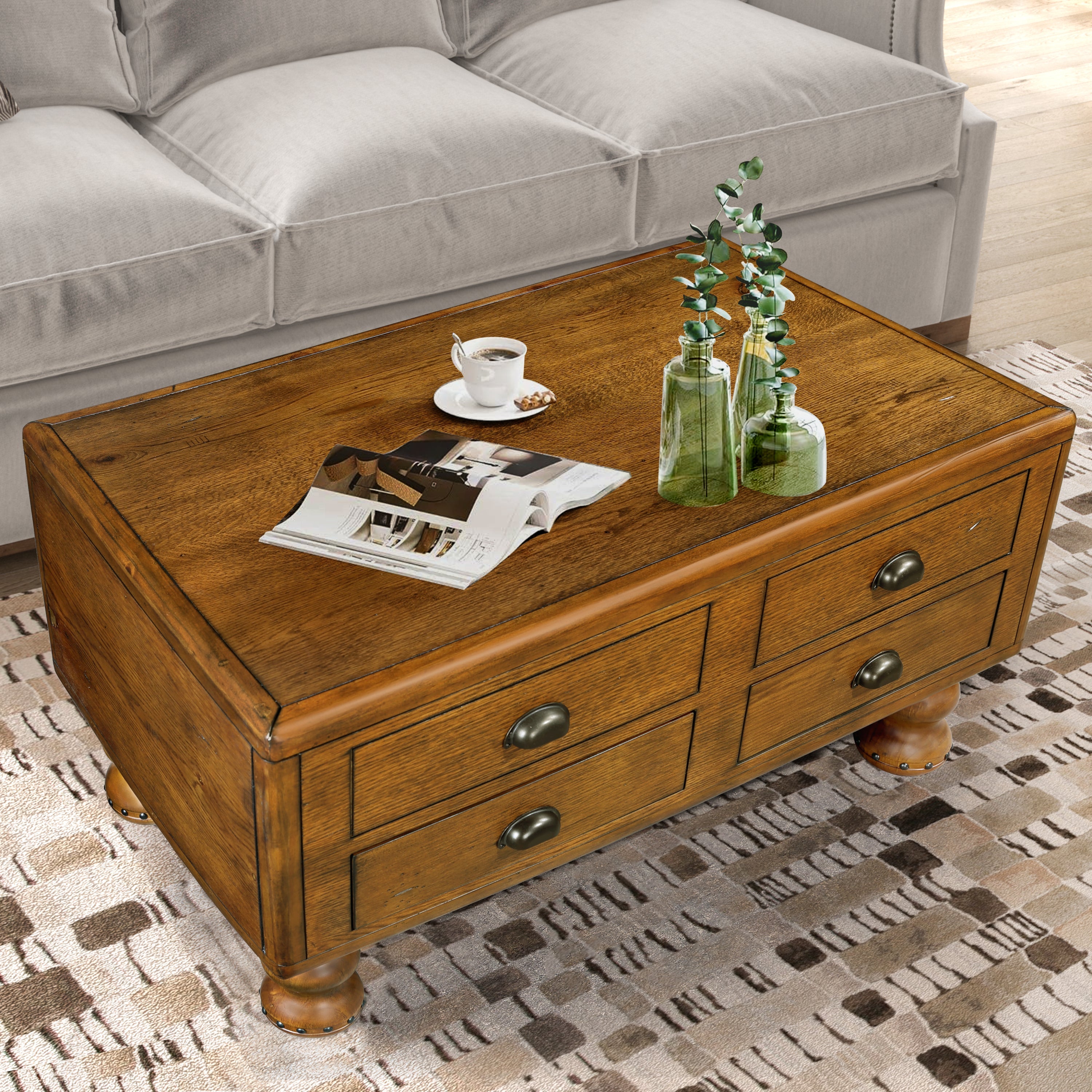 Solid Wood Rectangle Coffee Table for Living Room, 40-Inch Antique Coffee Table with 4 Drawers, Wood Center Table Tea Table with Rivet Decoration Legs.Easy Assembly,  Antique Brown