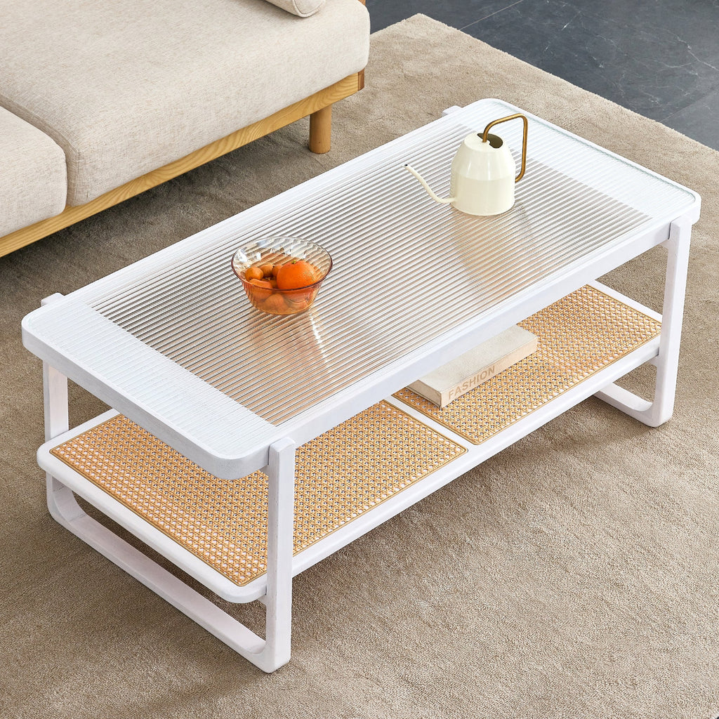 Modern minimalist white double layered solid wood coffee table. Glass tabletop, imitation rattan  edge table. Rectangular table suitable for living room, dining room, and bedroom