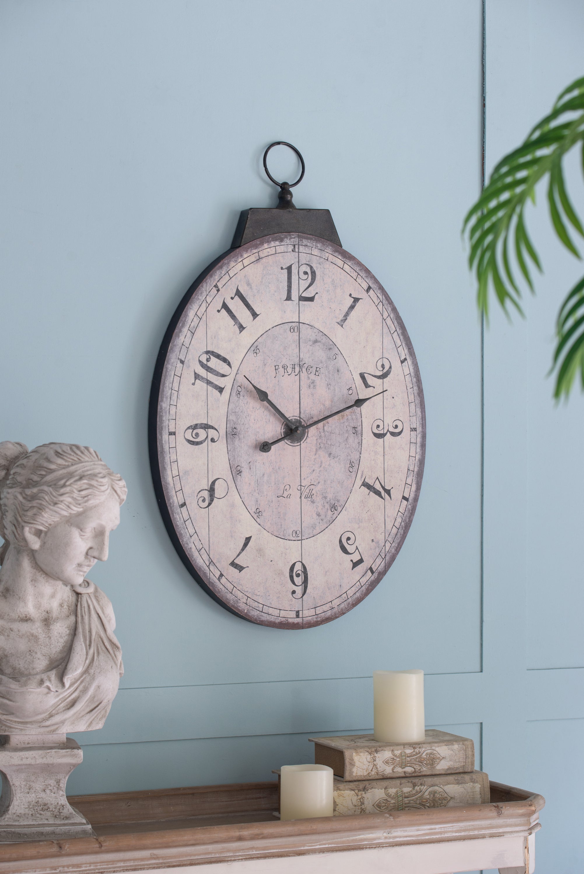 18' x 29' Antique White Oval Wall Clock, Traditional Vintage Home Decor Clock