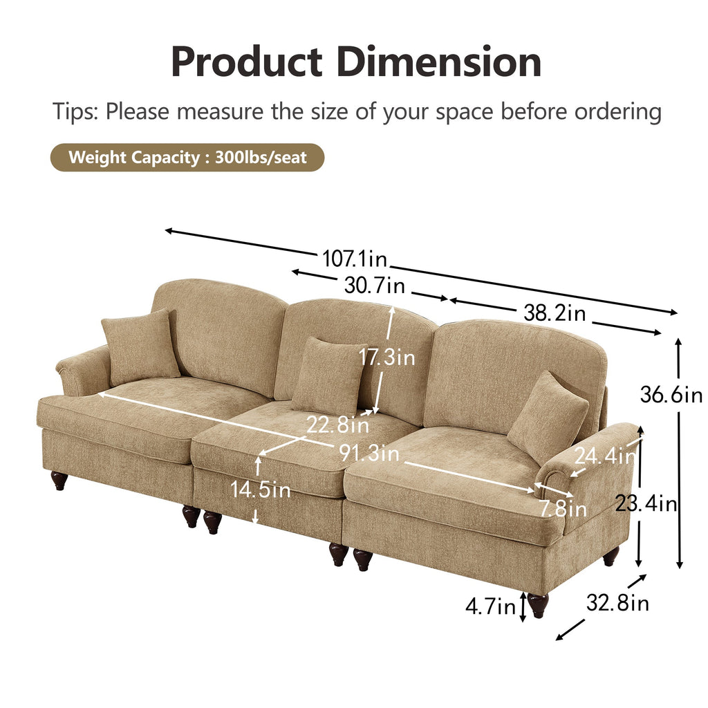 Classic 2 Piece Modular Couch Living Room Sofa Set with Flared Arms and Removable Ruffles Pleats Skirts and Spindle Legs, 3 Seater Sofa + 2-Seat Loveseat Sofa Sets for Living Room, Light Coffee