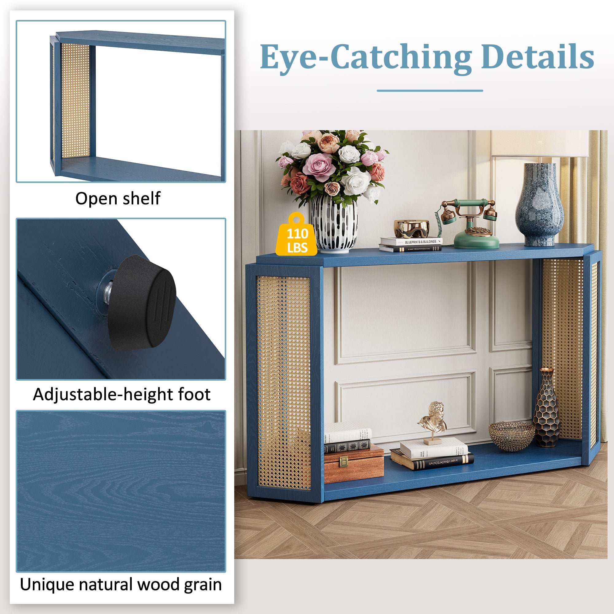 TREXM Narrow Console Table with Unique Irregular Top Design, Entryway Table with Open Shelf, Rattan Sofa Table for Living Room Hallway and Entrance (Antique Blue)
