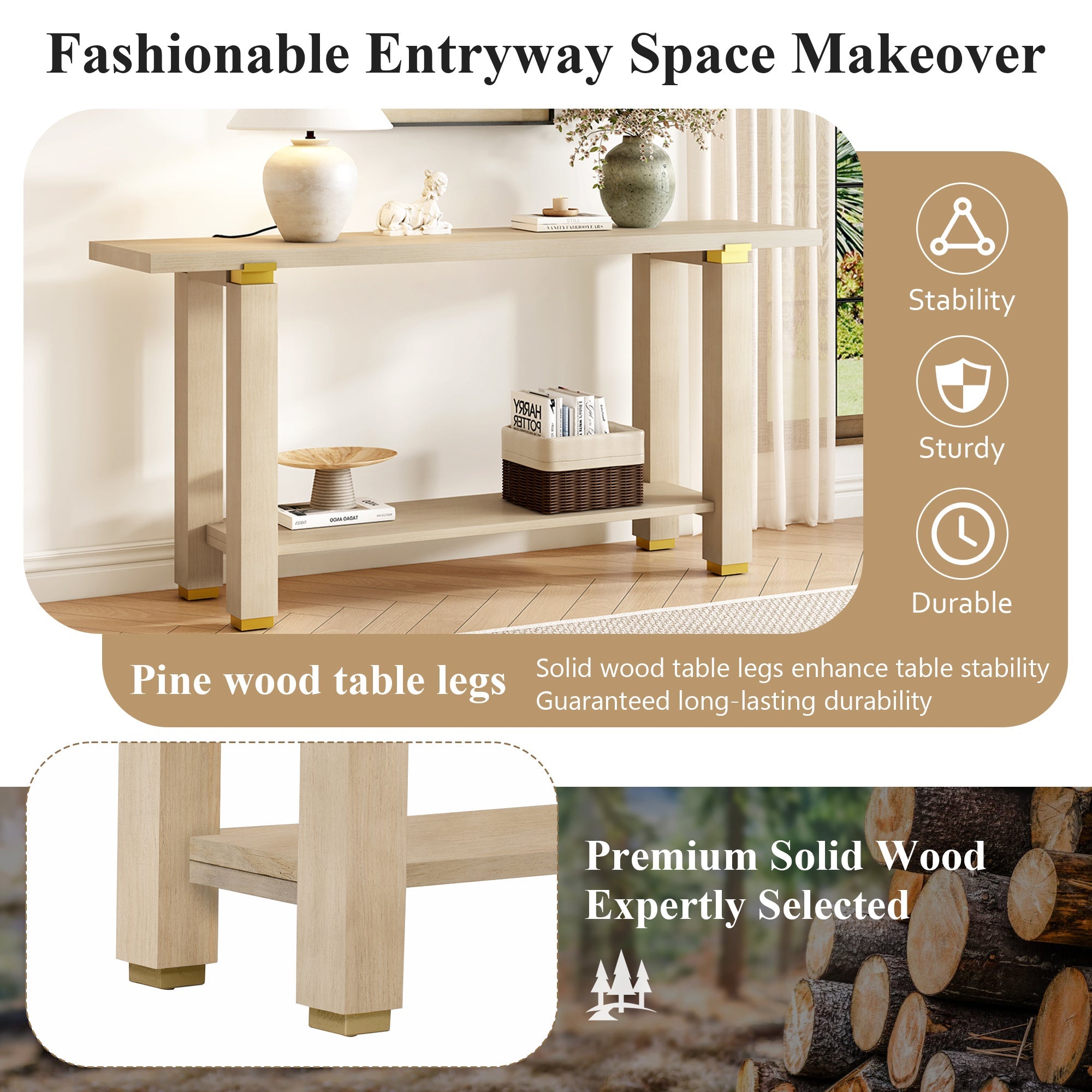 U_Style 62.9' Modern Minimalist Console Table, Solid Wood Entryway Sofa Table with Metal Accents, Built-in Shelf, for Living Room, Hallway (3 Colors: Black, Gray, Natural)