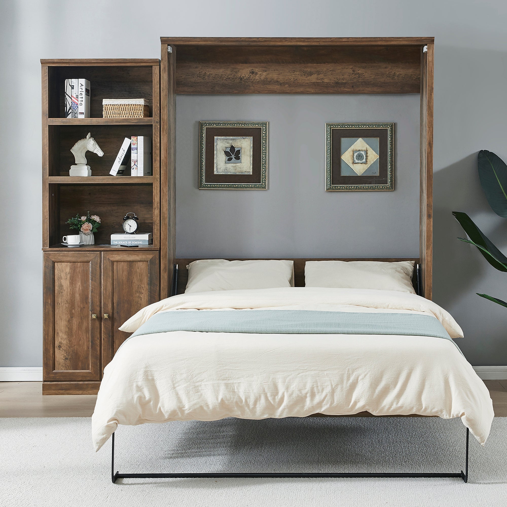 Queen Size Half Self-Close and Open Murphy Bed  with 1 Side Cabinet Storage Shelf, Cabinet Space-Saving Bed Perfect for Guest Room, Bed Room, Guest Room, Home Office, Brown