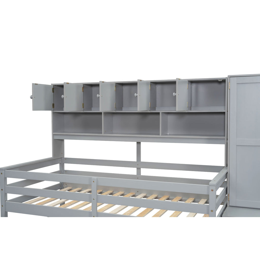 Twin Size Wooden Loft Bed Big Storage with Under-bed Desk, with Drawers, with Shelves, Gray