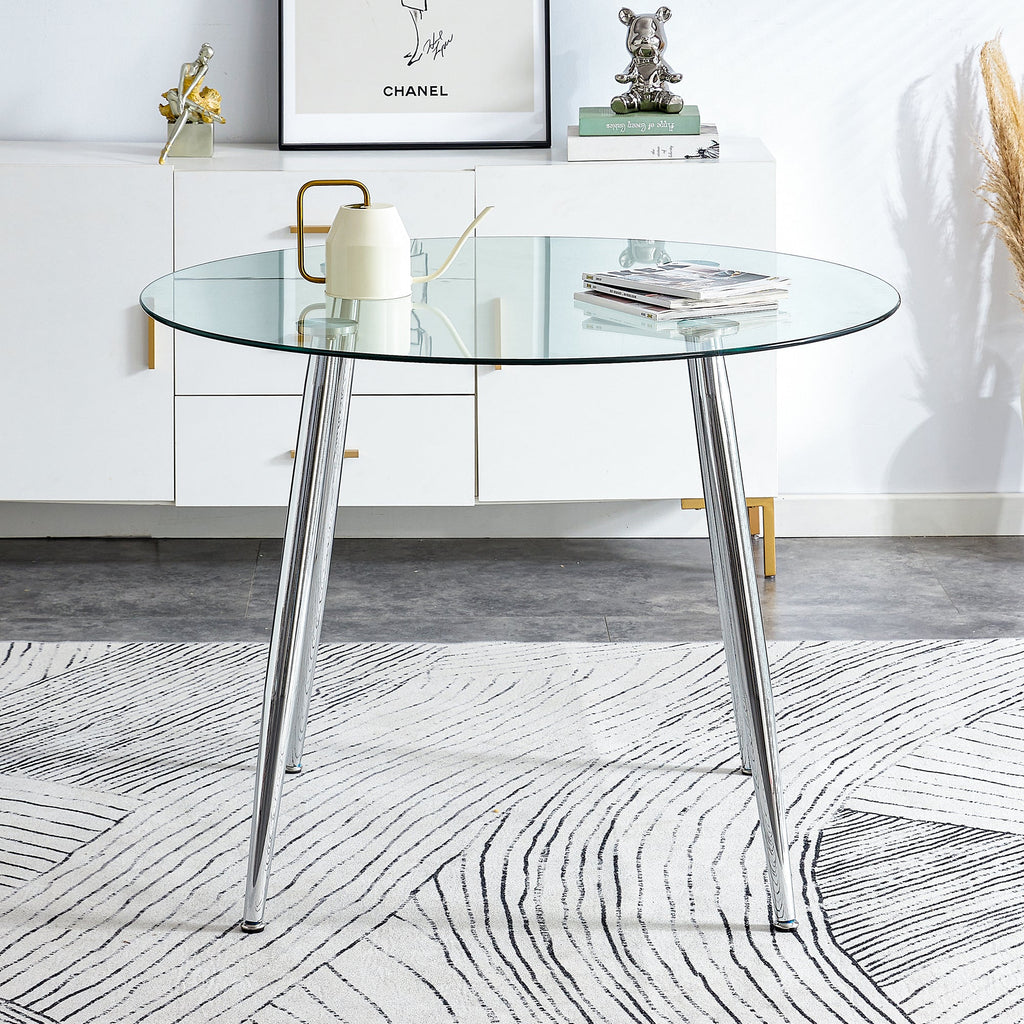 A glass tabletop with a diameter of 40 inches and a modern minimalist circular dining table with silver metal legs.Suitable for living rooms, and conference rooms.W1151S03392