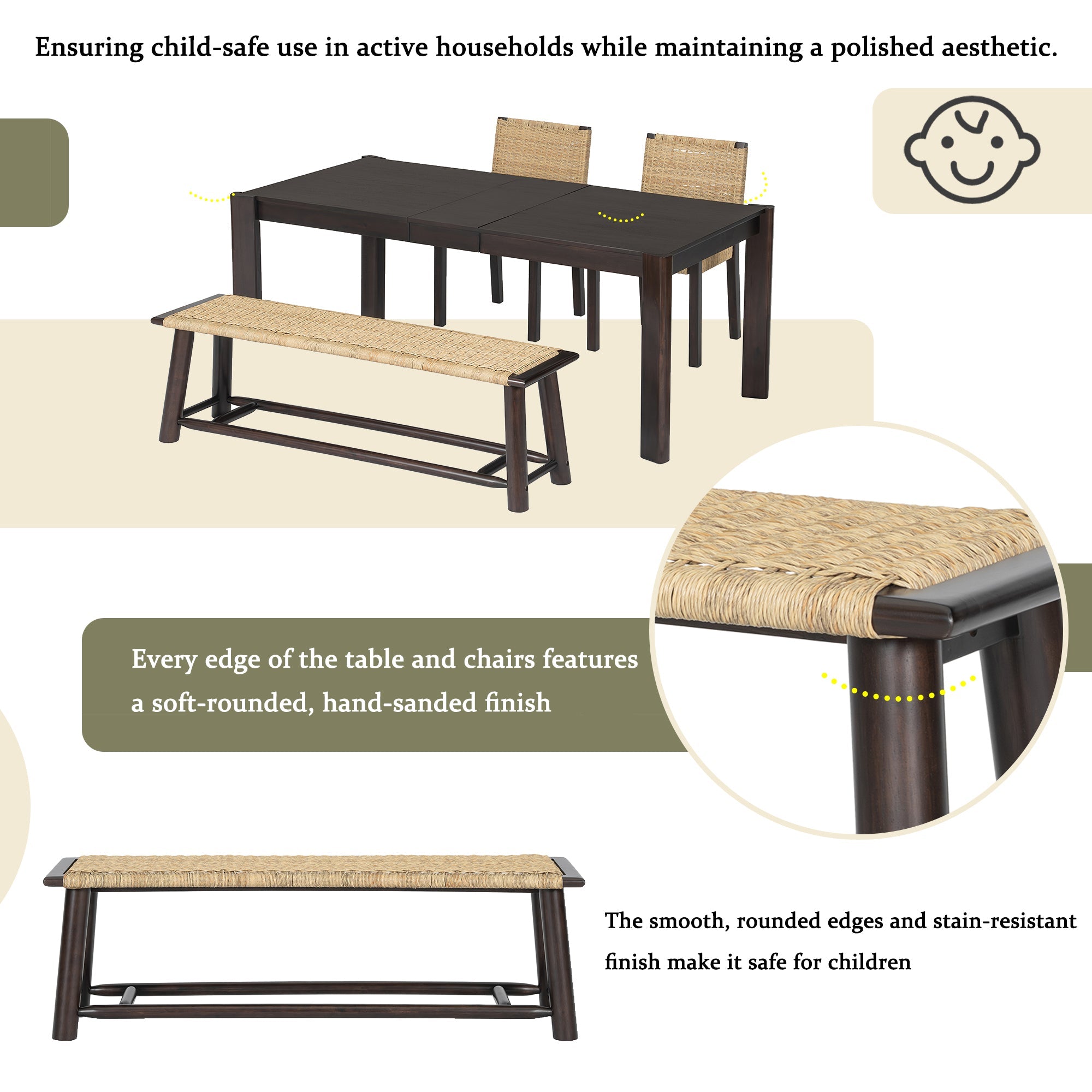 Modern Farmhouse Extendable Dining Table Set with Solid Wood Rattan Chairs – Expandable 59' to 73' for 4-8 Guests in Walnut & Champagne