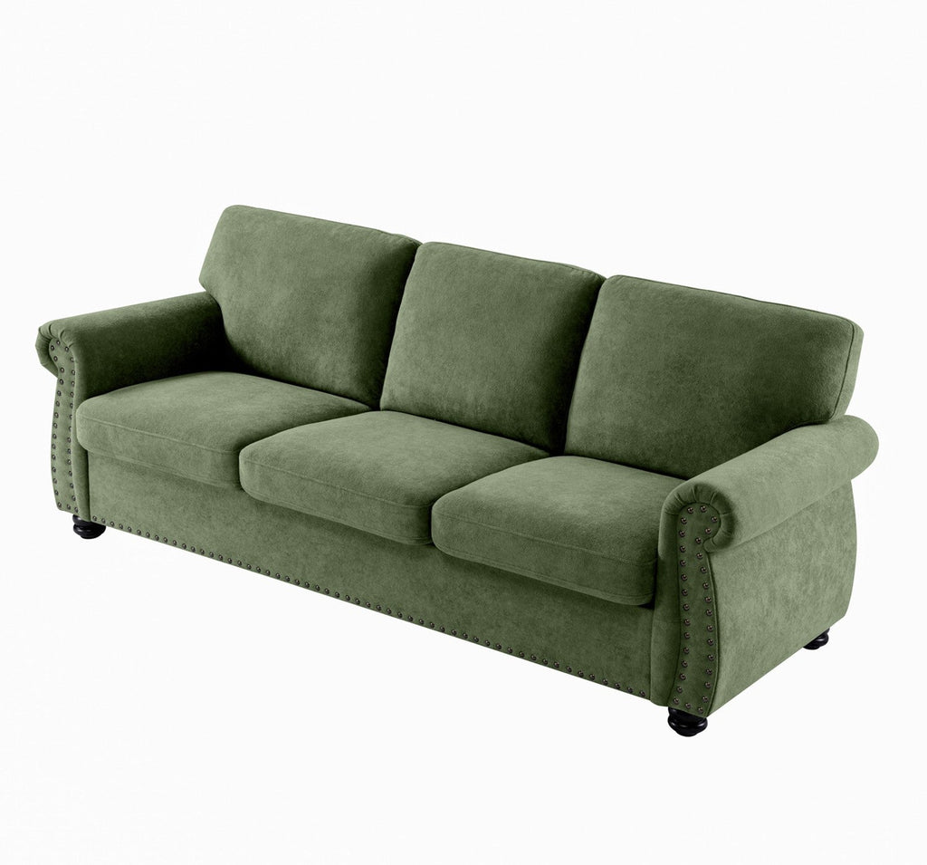 Soft Velvet Sofa, Upholstered 3 Seater Couch with High-Density Foam, Loose Back Cushions and Solid Wood Turned Legs, Chic Living Room Furniture for Home, Apartment and Office, Green