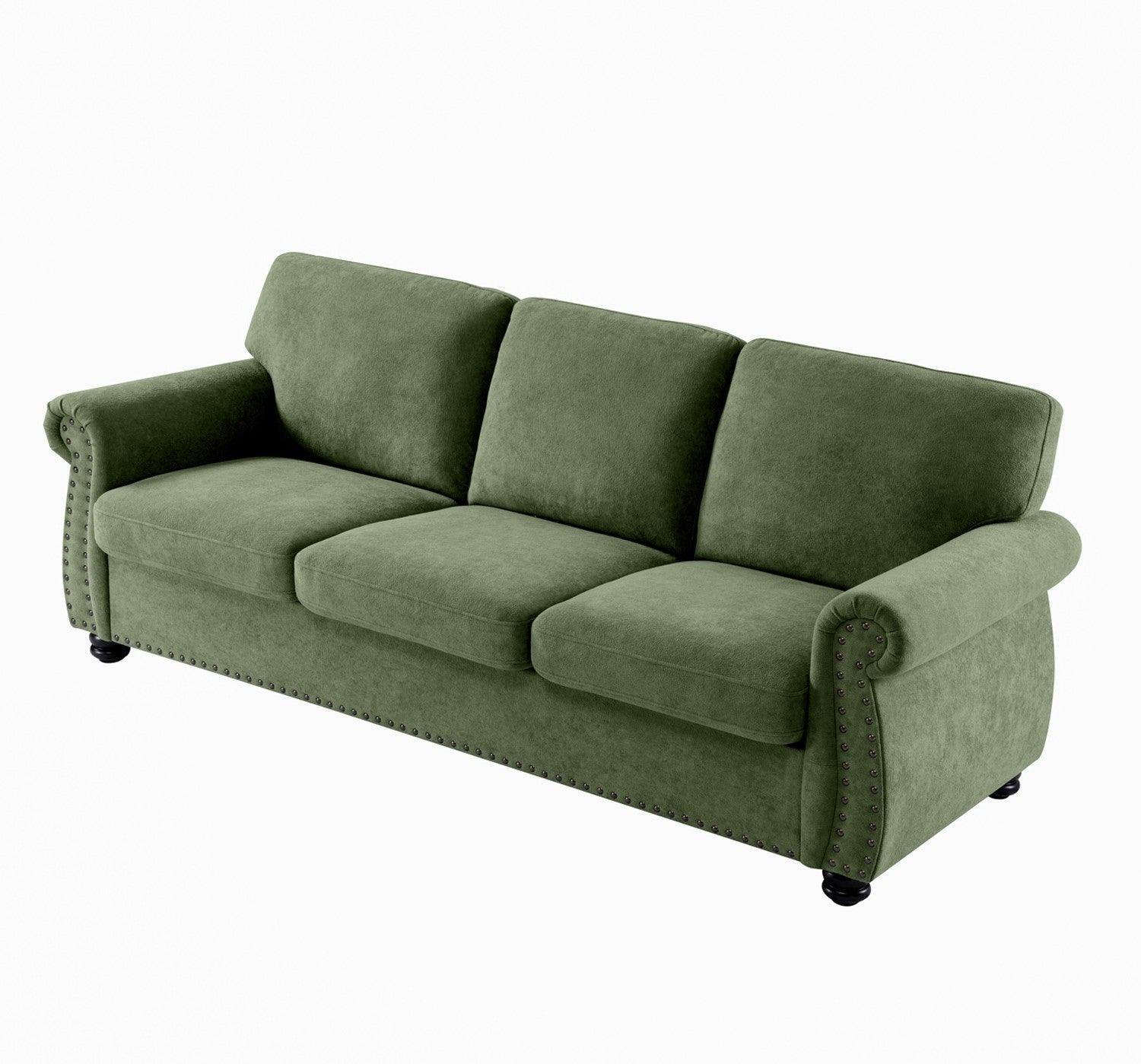 Soft Velvet Sofa, Upholstered 3 Seater Couch with High-Density Foam, Loose Back Cushions and Solid Wood Turned Legs, Chic Living Room Furniture for Home, Apartment and Office, Green
