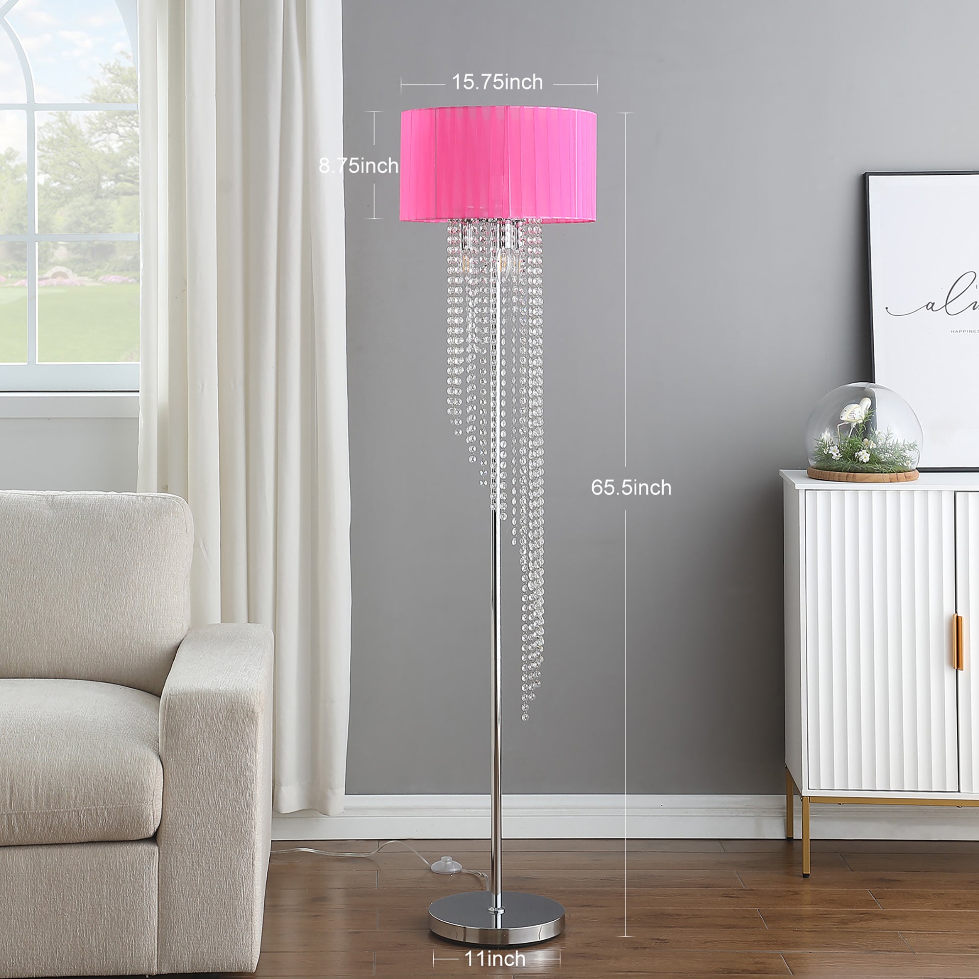 65.75'H Sheer Hot Pink Drum Shade Rain Crystal Chrome Metal Floor Lamp for Living Room, Standing Lamp for Bedroom