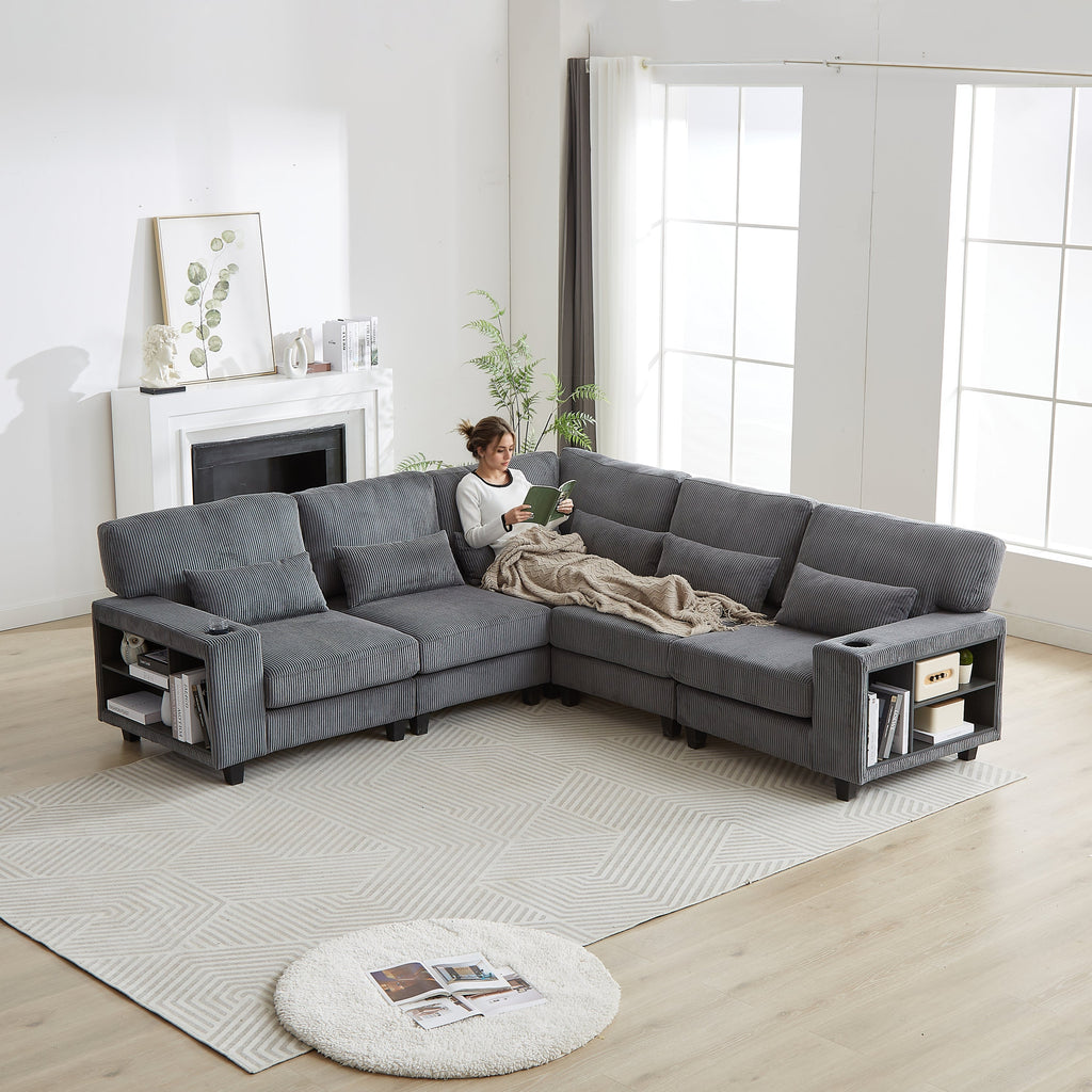102.75*102.75' L-Shaped Modular Sectional Sofa, Modern Corduroy Sectional Sofa, Arm with Storage With Cup Holder 5-Seat Convertible Sectional Sofa for Living Room, Bedroom, Lounge and Projection Room