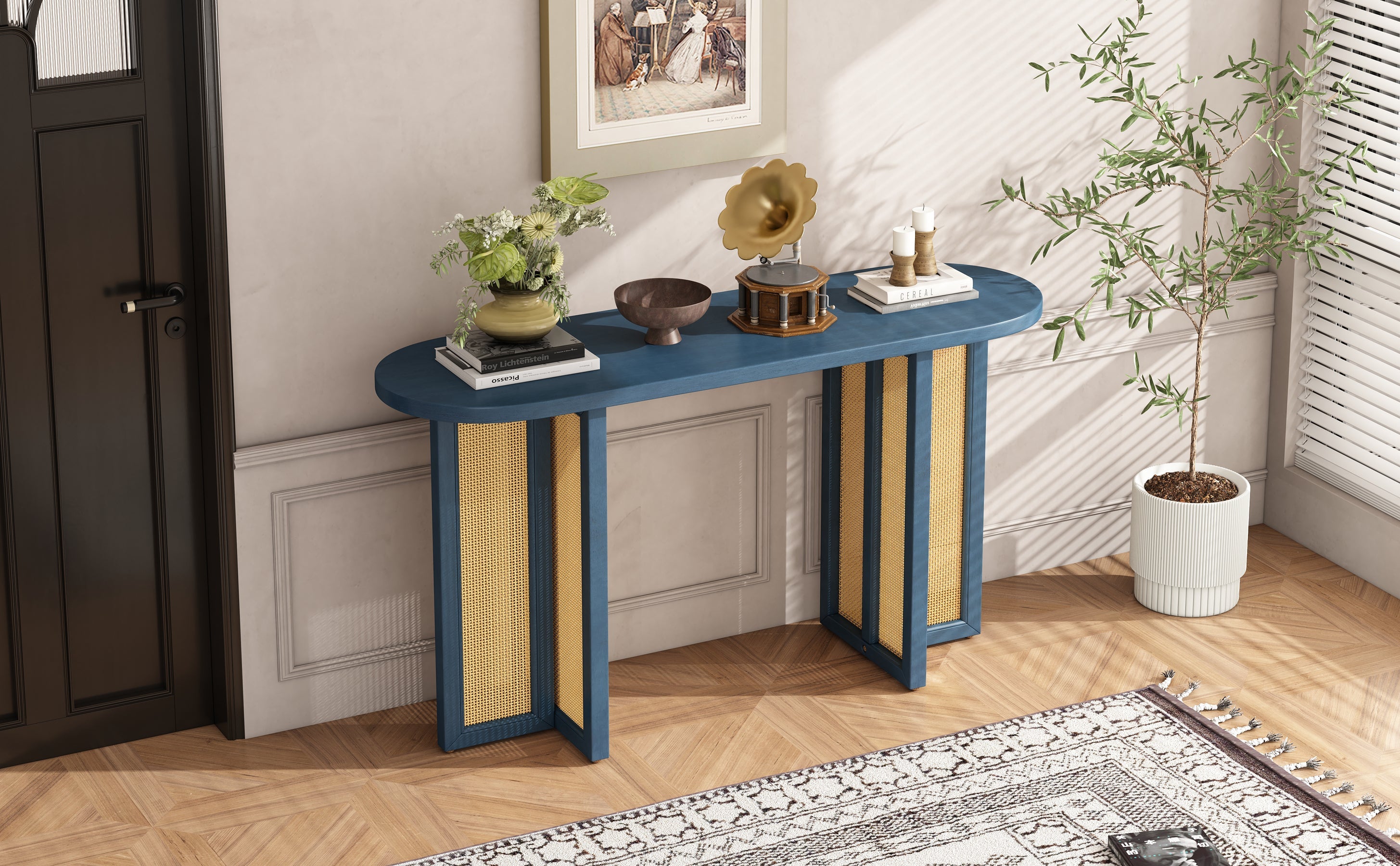 TREXM Farmhouse Rattan Console Table Entryway Table, Narrow Console Table with Storage, Hallway Table for Living Room, Entrance (Navy)
