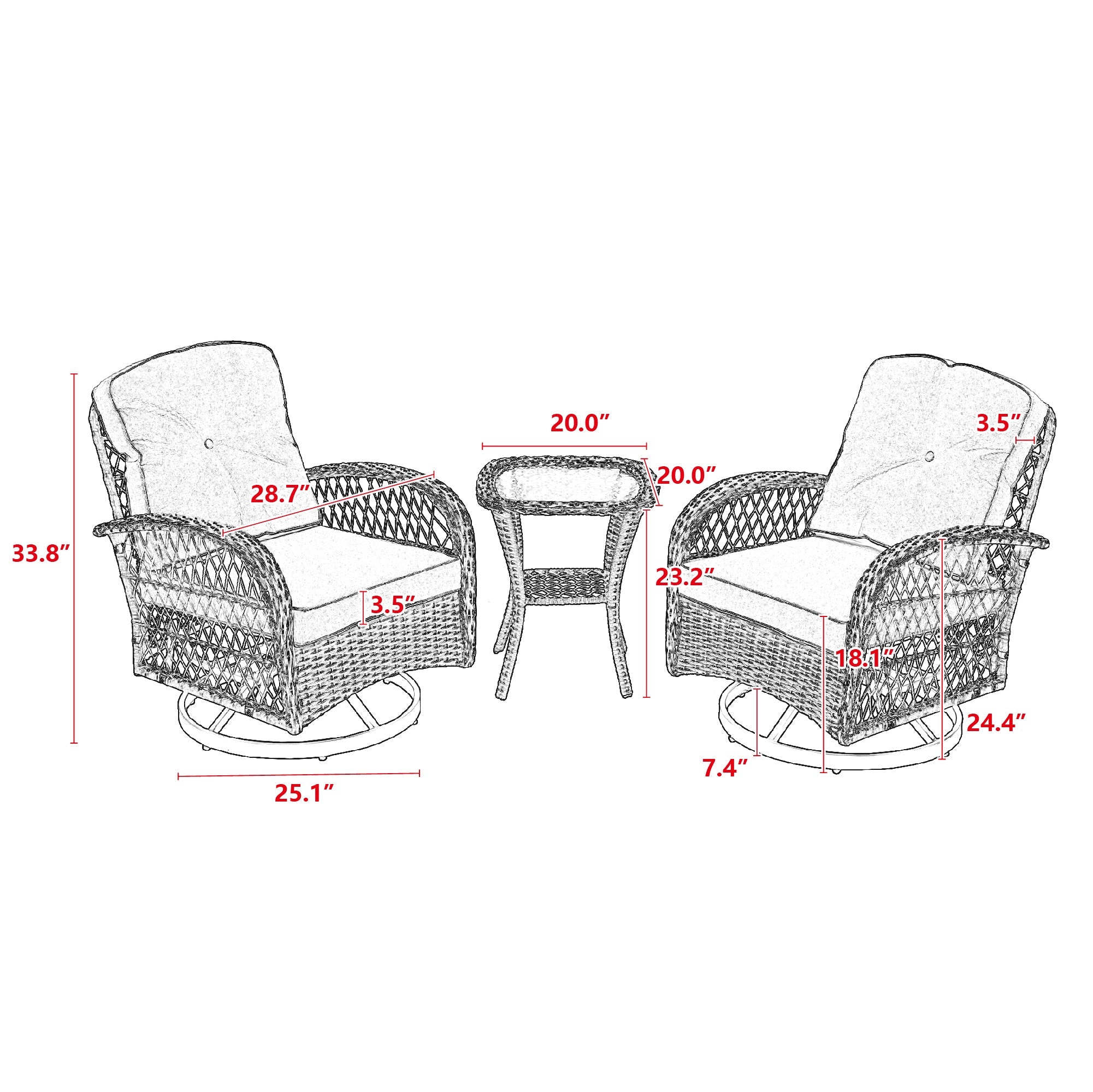 3 Pieces Outdoor Swivel Rocker Patio Chairs, 360 Degree Rocking Patio Conversation Set with Thickened Cushions and Glass Coffee Table for Backyard, Grey