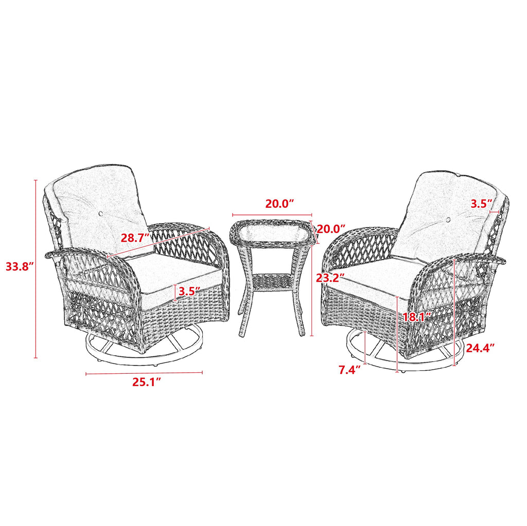 3 Pieces Outdoor Swivel Rocker Patio Chairs, 360 Degree Rocking Patio Conversation Set with Thickened Cushions and Glass Coffee Table for Backyard, Khaki
