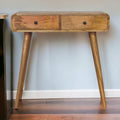 Solid Wood Oak-ish Curved Hallway Table, Artisan, 2-Drawers, Nordic Legs, Light Brown