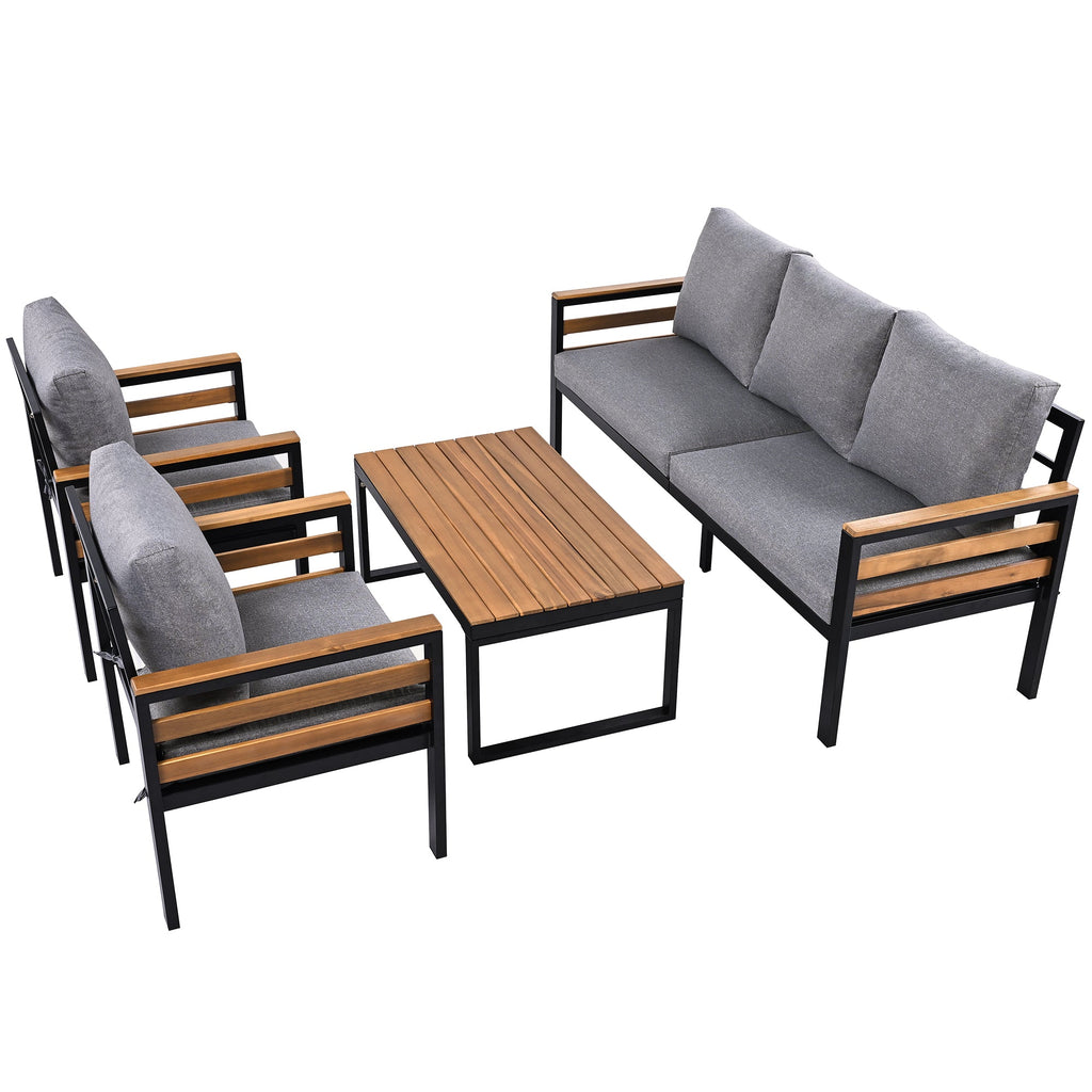 GO 4-Piece Outdoor Furniture Sofa Set for 5 People with  Acacia Wood Armrests, Patio Conversation Set with Removable Cushion and Solid Wood Coffee Table  for Garden and Backyard, Grey