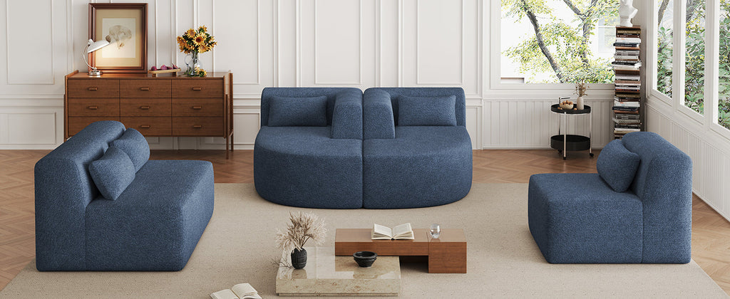 144' Upholstered Sofa Free-combined Sofa Couch with Two Chaise Lounge and Five Back Pillows for Living Room, Blue
