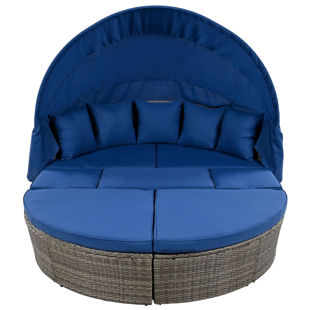 GO Outdoor rattan daybed sunbed with Retractable Canopy Wicker Furniture, Round Outdoor Sectional Sofa Set, Gray Wicker Furniture Clamshell Seating with Washable Cushions, Backyard, Porch, Blue