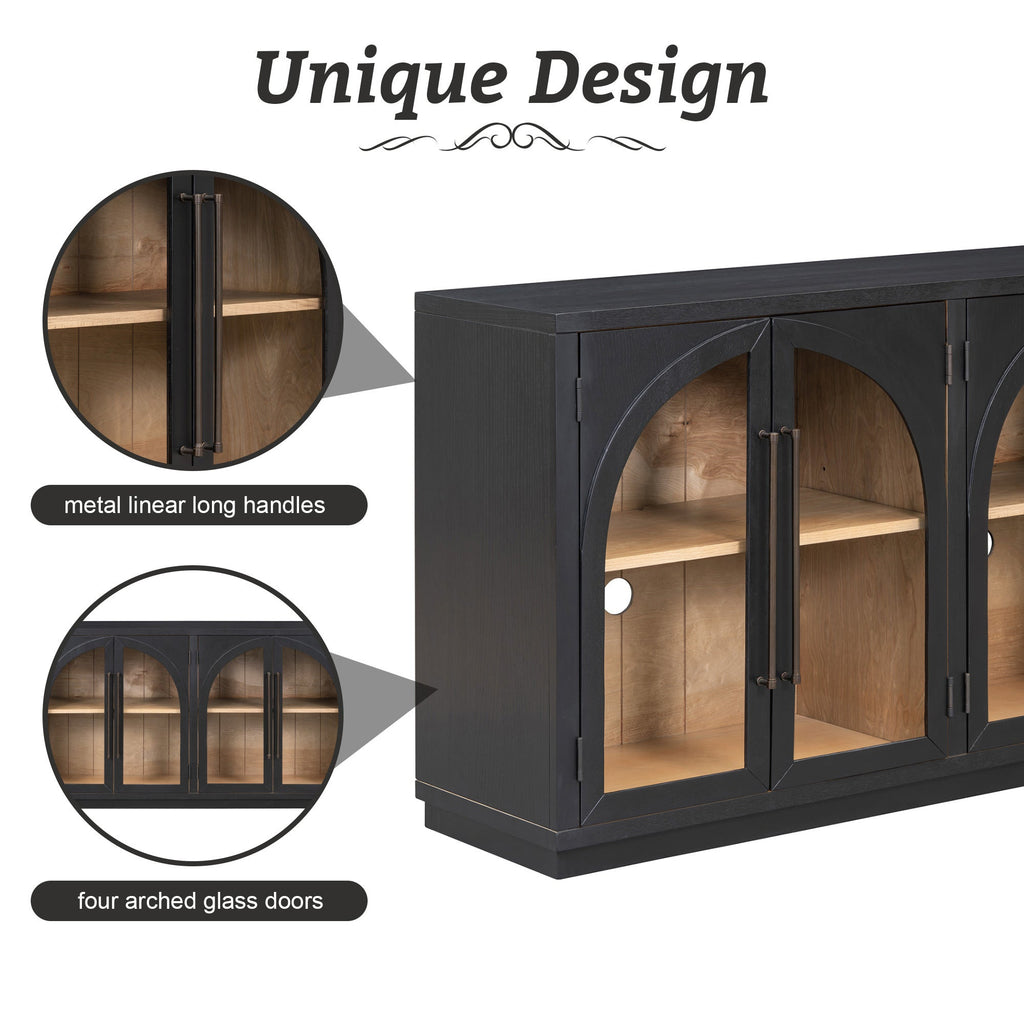 TREXM 4-Door Large Storage Sideboard Buffet Cabinet with Glass Doors, Arched Cabinet with Adjustable Shelves for Kitchen, Dining Room and Living Room (Black)