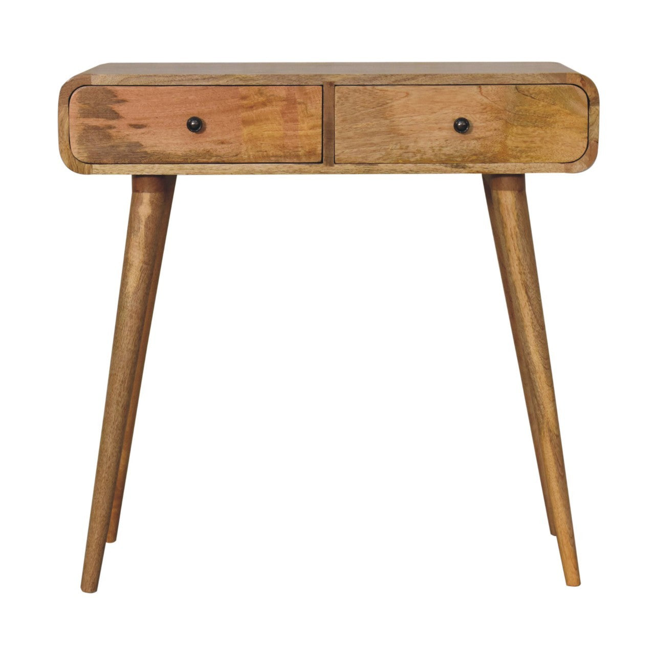 Solid Wood Oak-ish Curved Hallway Table, Artisan, 2-Drawers, Nordic Legs, Light Brown