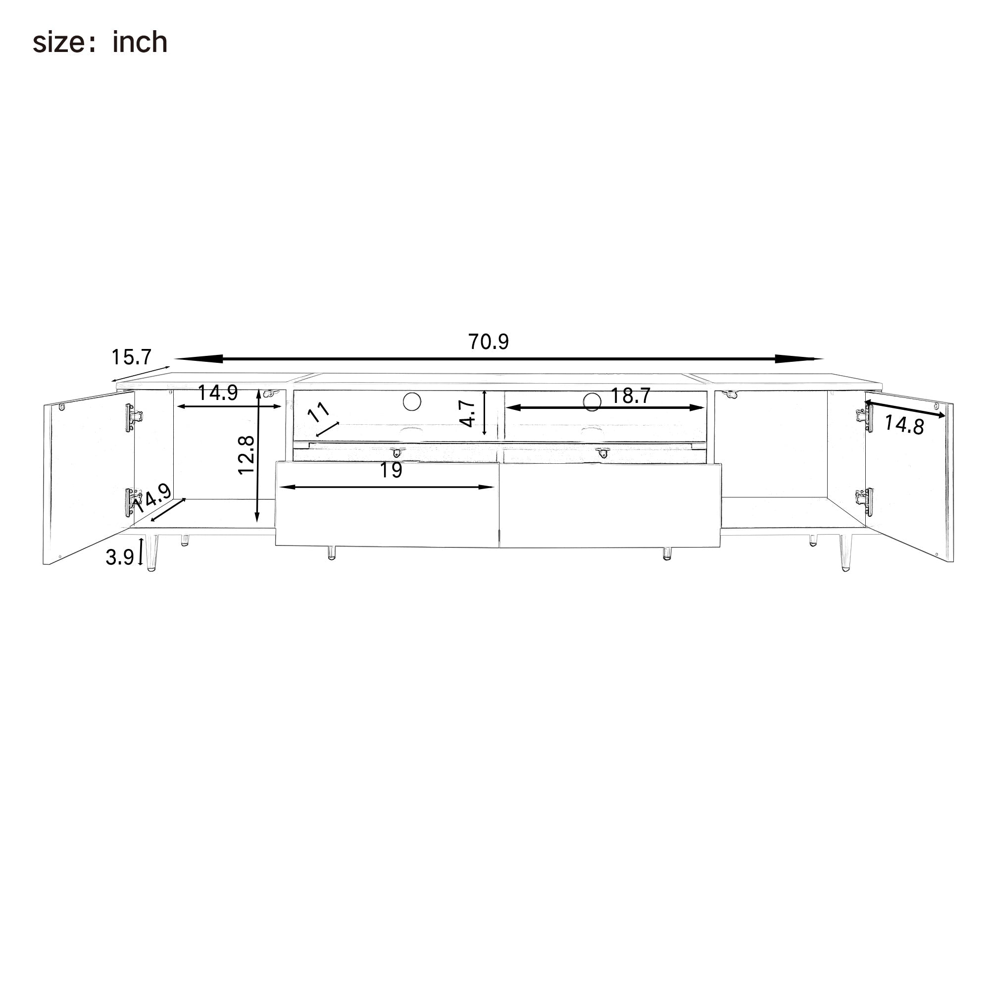 U-Can 70.9'' Modern TV Stand for TVs up to 80 Inches, Entertainment Center with 2 Shelves and  LED Lights, TV Storage Cabinet with 2 Drawers, 2 Cabinets and Metal Legs for Living room