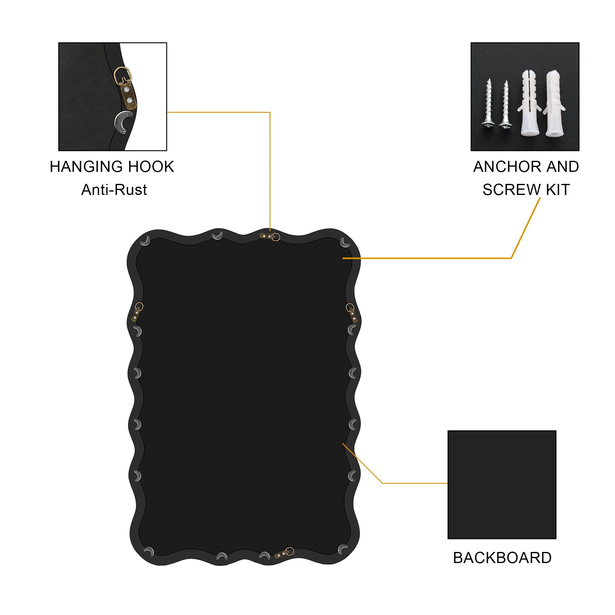 Solid Wood Wavy Rectangle Mirror-Black 40" x 28" Modern Mirror Wall Decor for Bathroom, Bedroom, Living Room, Dining Room, Cloakroom, Entryway