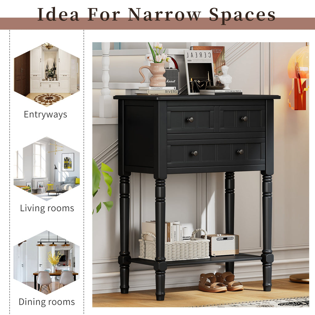 TREXM Narrow Console Table, Slim Sofa Table with Three Storage Drawers and Bottom Shelf (Black)