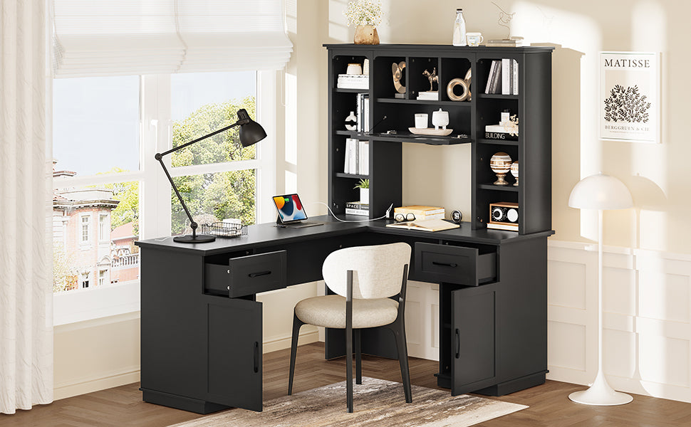 L-shaped computer desk with 2 cabinets and 2 drawers underneath the table, 11 open shelves and a flip-up shelf with storage on the right side, suitable for study, living room and office, Black