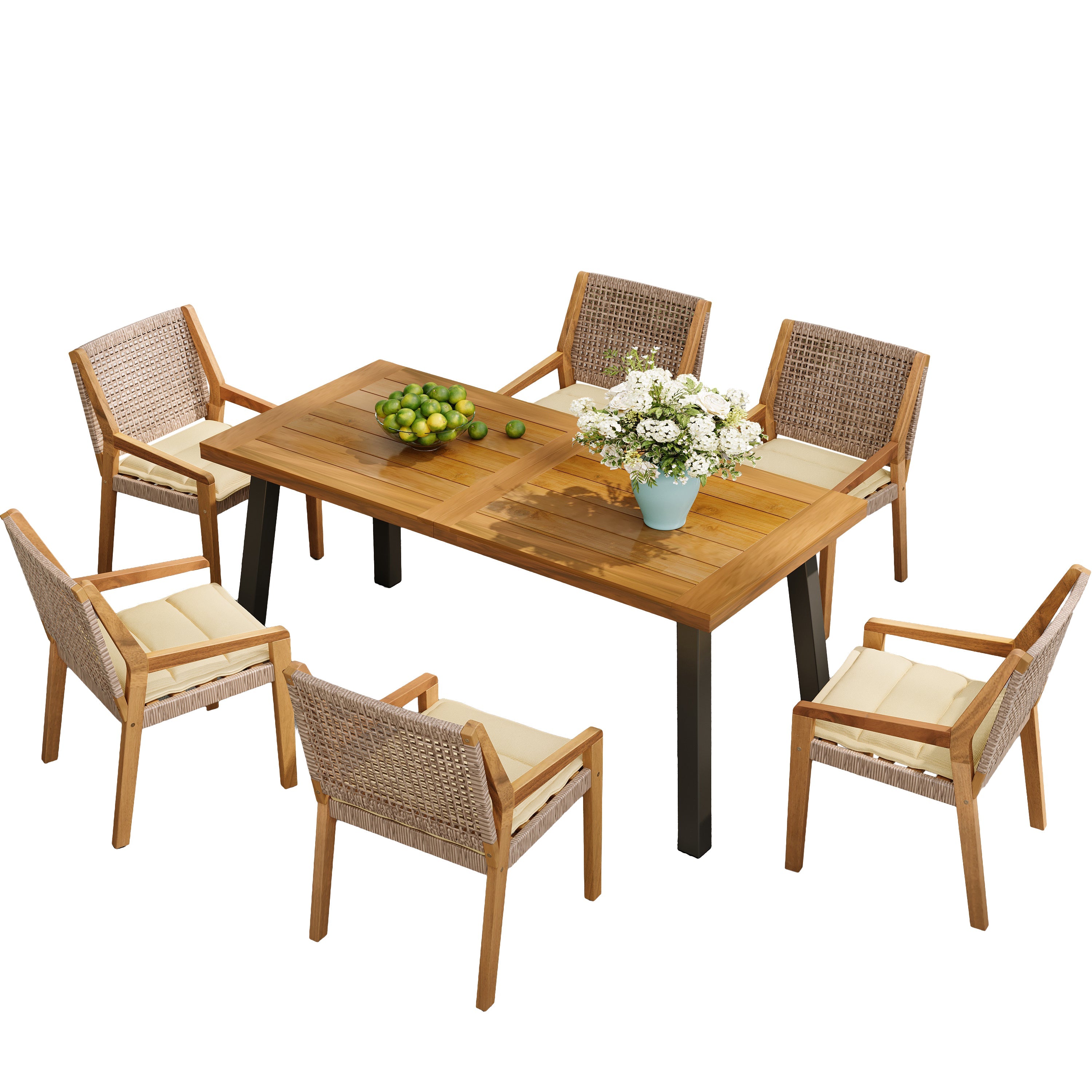 Outdoor Dining Set – Premium Acacia Wood Della Table & Wicker Chairs with Cream Cushion for Comfortable Dining Experience,Suitable for large gatherings(1 Table + 6 Chairs)