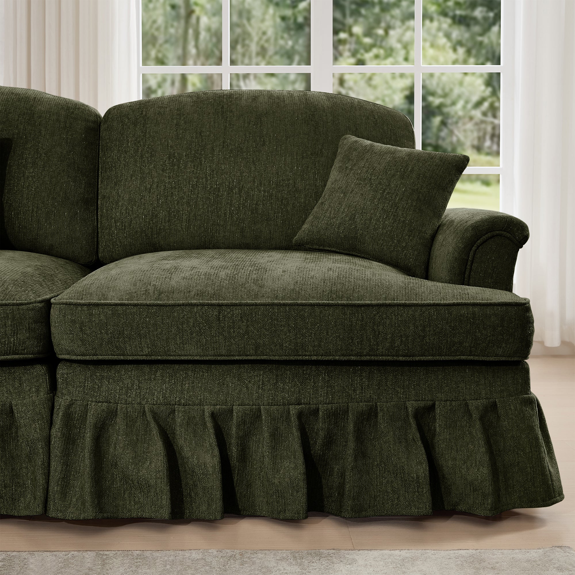 Elegant Mid Century Large 4 Seater Sofa Couch with Flared Arms and Removable Ruffles Pleats Skirts and Spindle Legs, Comfy Chenille Four-Seat Sofa for Living Room, Green