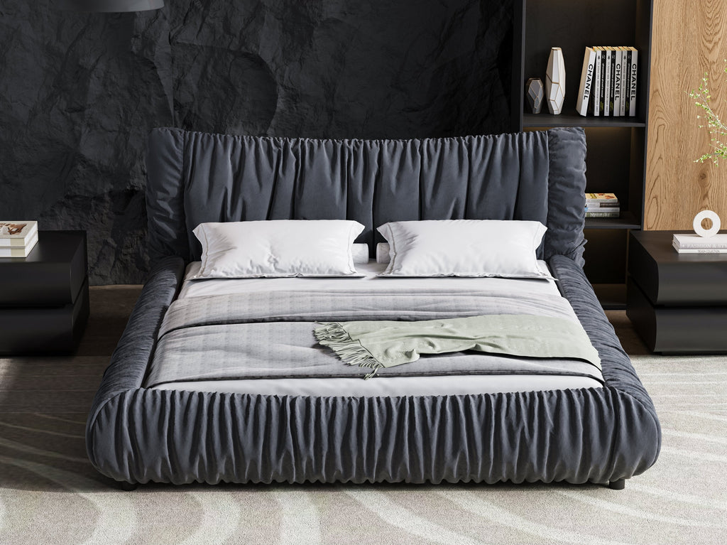 King Size Luxury Upholstered Platform Bed with Removable Cushion and Solid Wood Frame,suitable for Multiple heights of mattresses,DARK GREY
