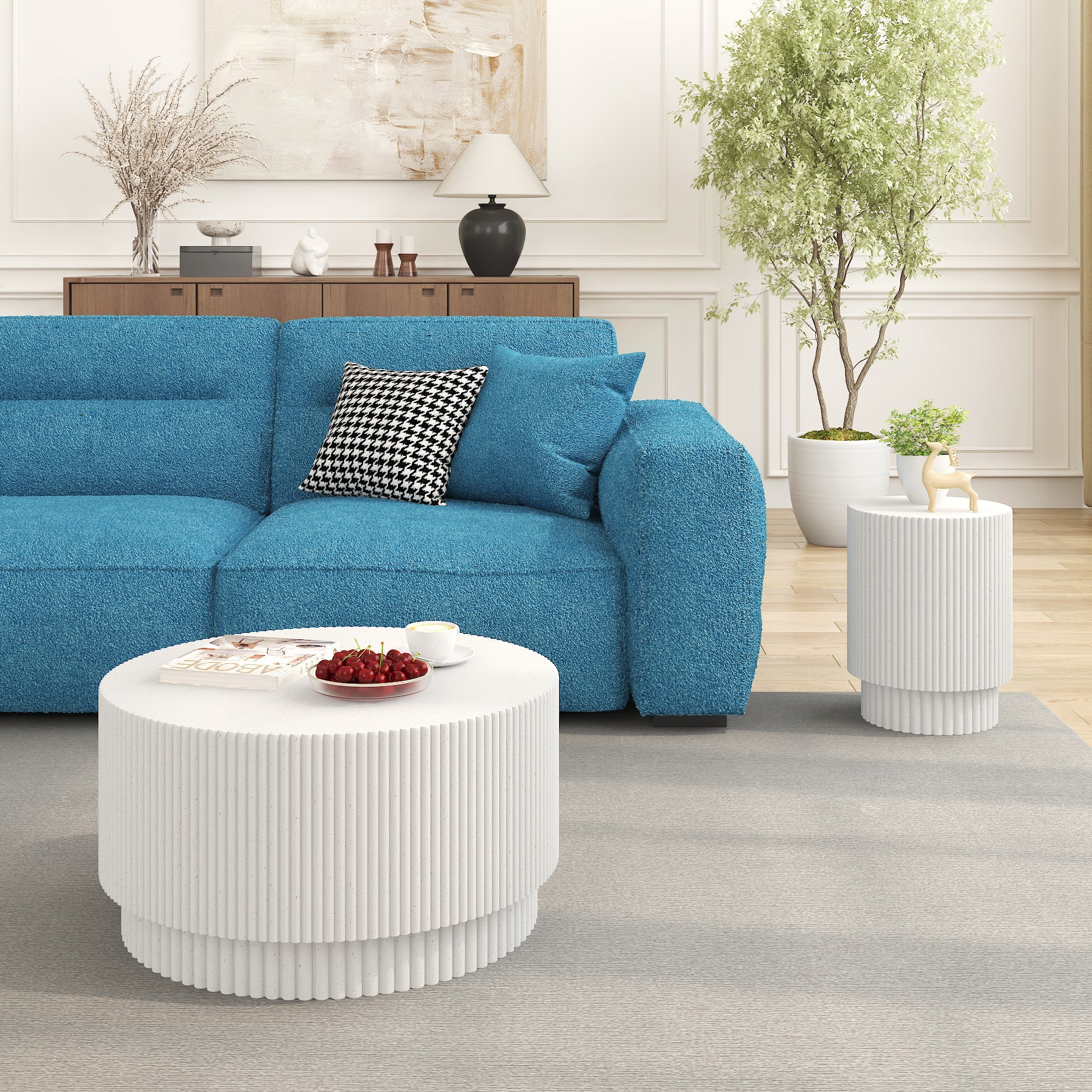 15.72-inch H-barrel coffee table, Nordic style, simple design, suitable for indoor and outdoor use, magnesium oxide material, suitable for living room, bedroom or garden sofa