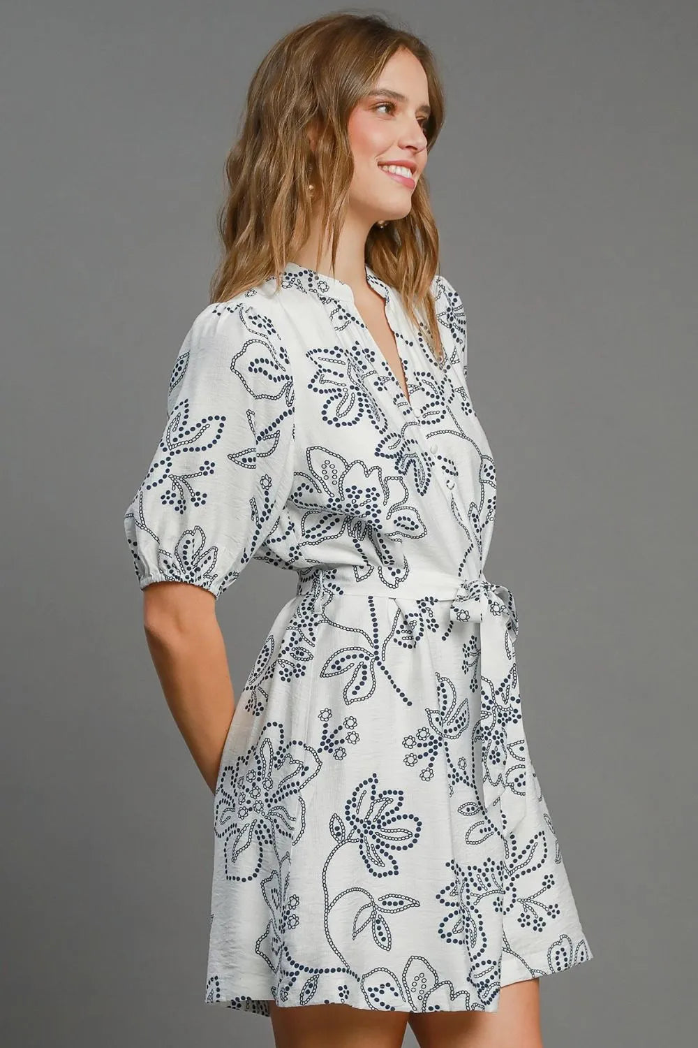 Umgee Full Size Floral Print Notched Puff Sleeve Mini Dress Plus Size