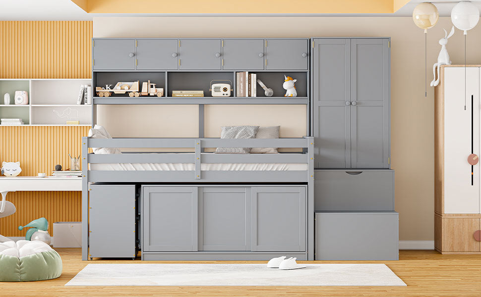 Twin Size Wooden Loft Bed Big Storage with Under-bed Desk, with Drawers, with Shelves, Gray