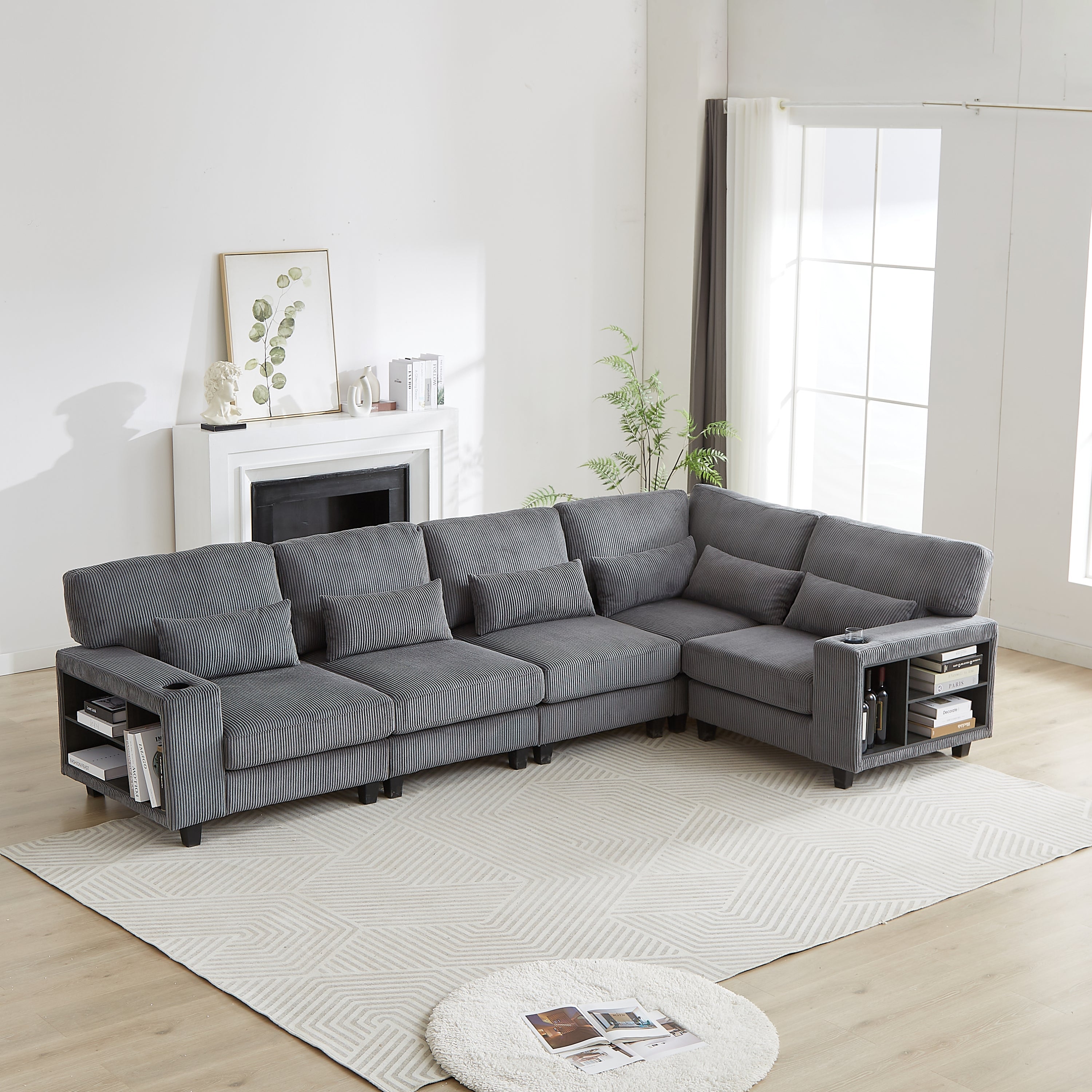 102.75*102.75' L-Shaped Modular Sectional Sofa, Modern Corduroy Sectional Sofa, Arm with Storage With Cup Holder 5-Seat Convertible Sectional Sofa for Living Room, Bedroom, Lounge and Projection Room