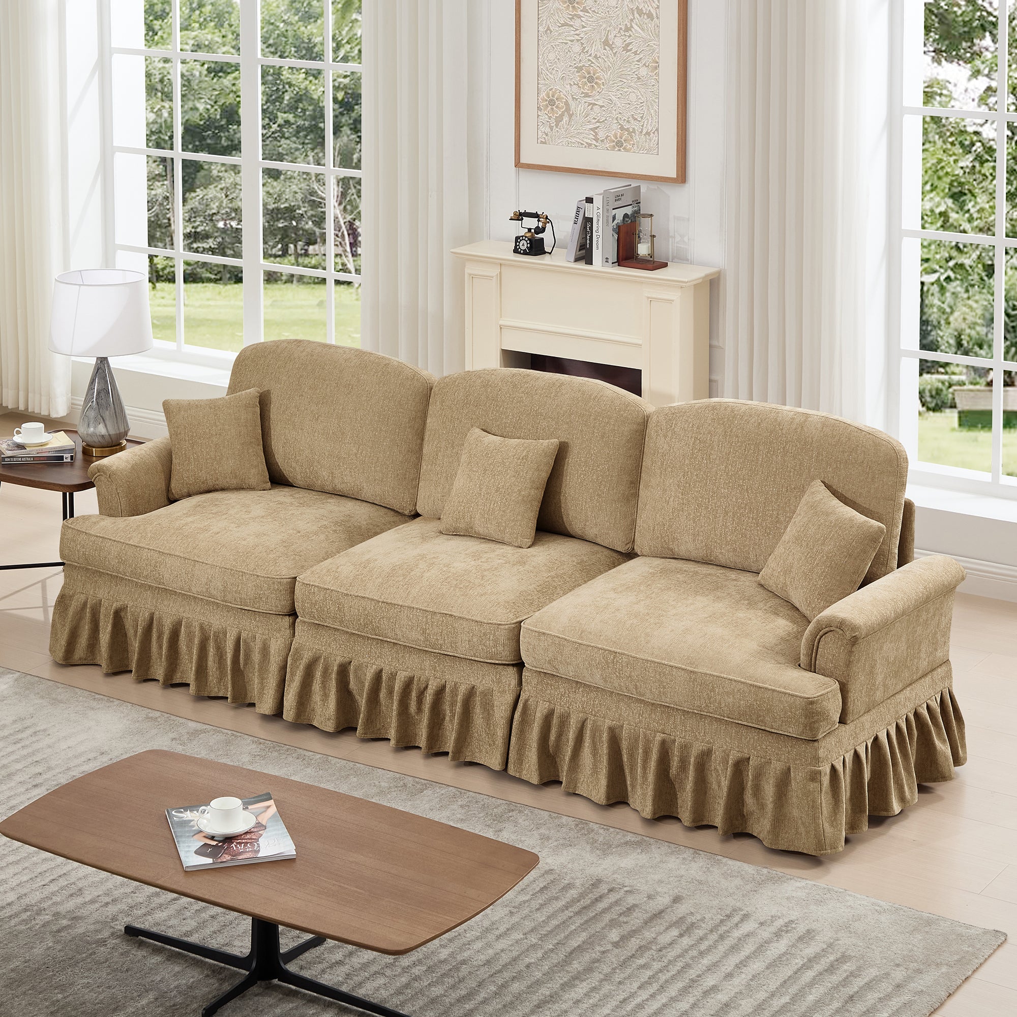 Elegant Mid Century Large 3 Seater Sofa Couch with Flared Arms and Removable Ruffles Pleats Skirts and Spindle Legs, Comfy Chenille Three-Seat Sofa for Living Room, Light Coffee