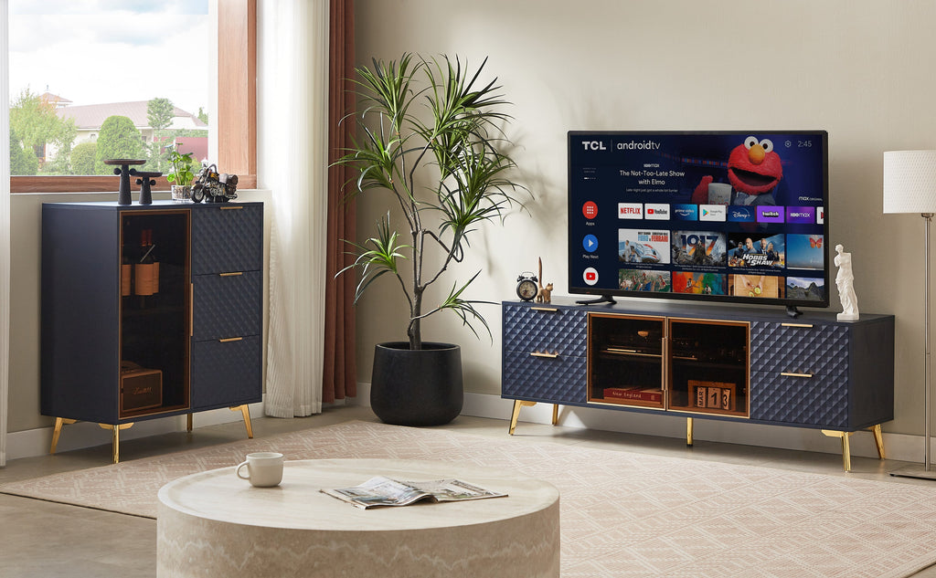 Deluxe Sculpted Modern Fashion Geometric Style TV Stand, Aluminum Frame Tempered Glass Door 4 Drawer Chest with Adjustable Metal Feet ,Dark Blue,59.9'L x 15.7'W x 21.7'H