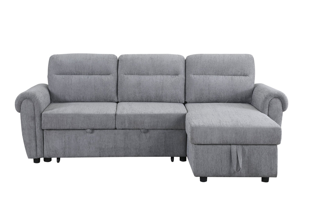 Hugo 97'W Light Gray Chenille Reversible Sleeper Sectional Sofa Chaise with USB Chargers, Phone/Magazine Pockets