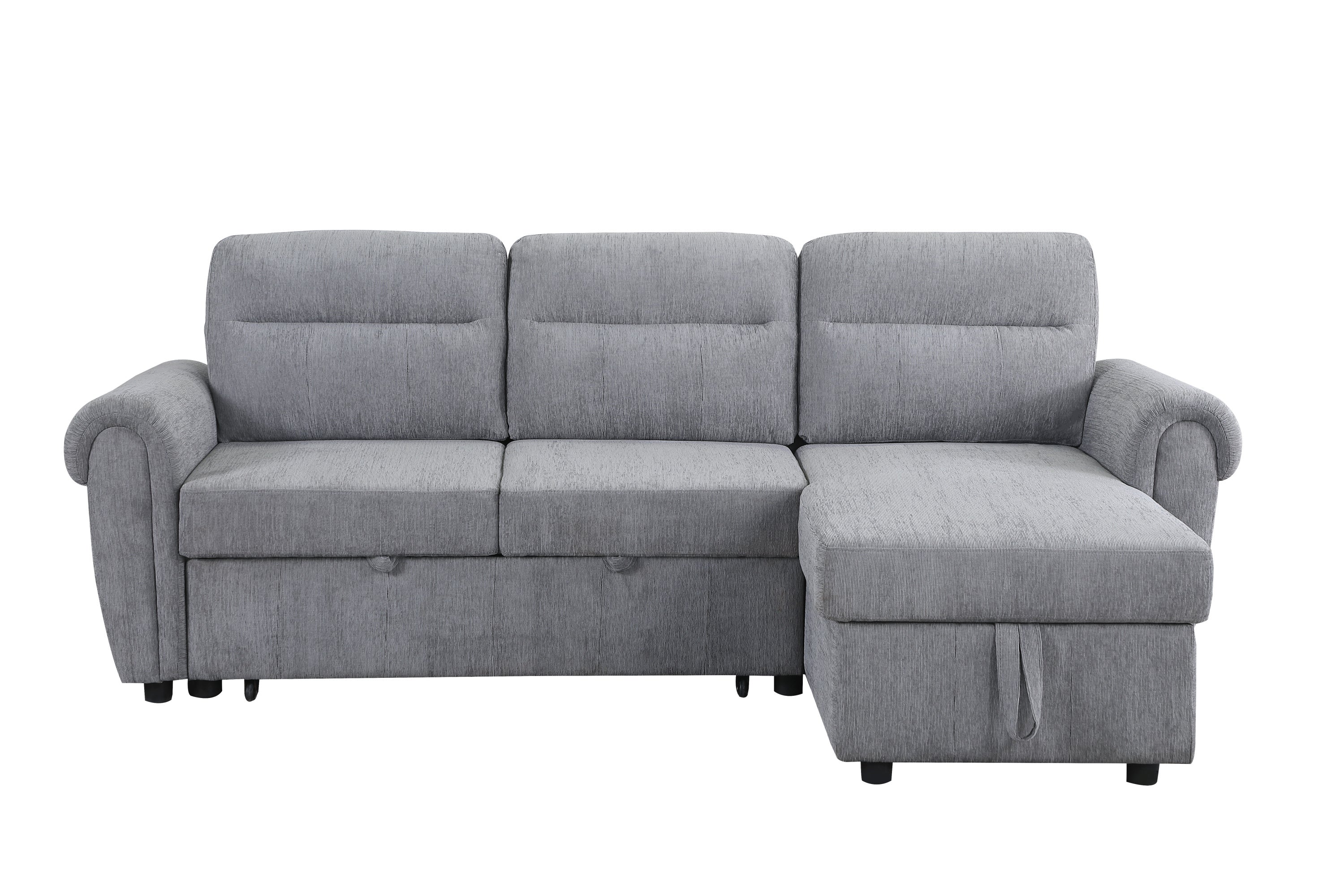 Hugo 97'W Light Gray Chenille Reversible Sleeper Sectional Sofa Chaise with USB Chargers, Phone/Magazine Pockets