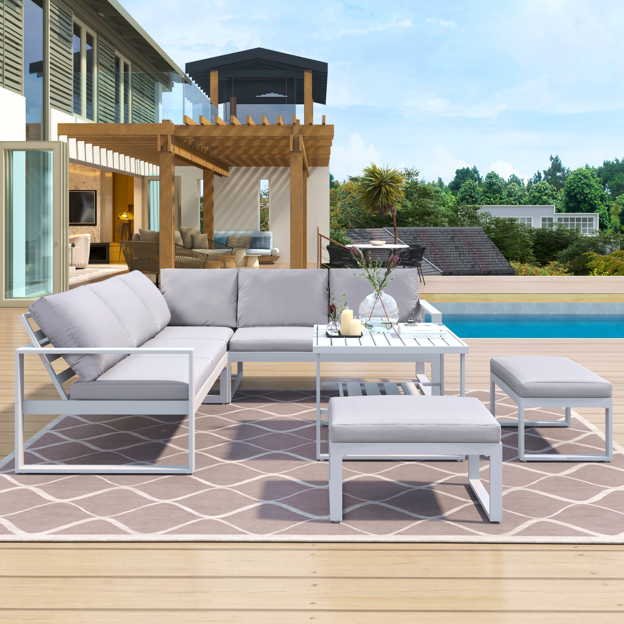 [Not allowed to sell to Wayfair]U_Style Industrial Style Outdoor Sofa Combination Set With 2 Love Sofa,1 Single Sofa,1 Table,2 Bench