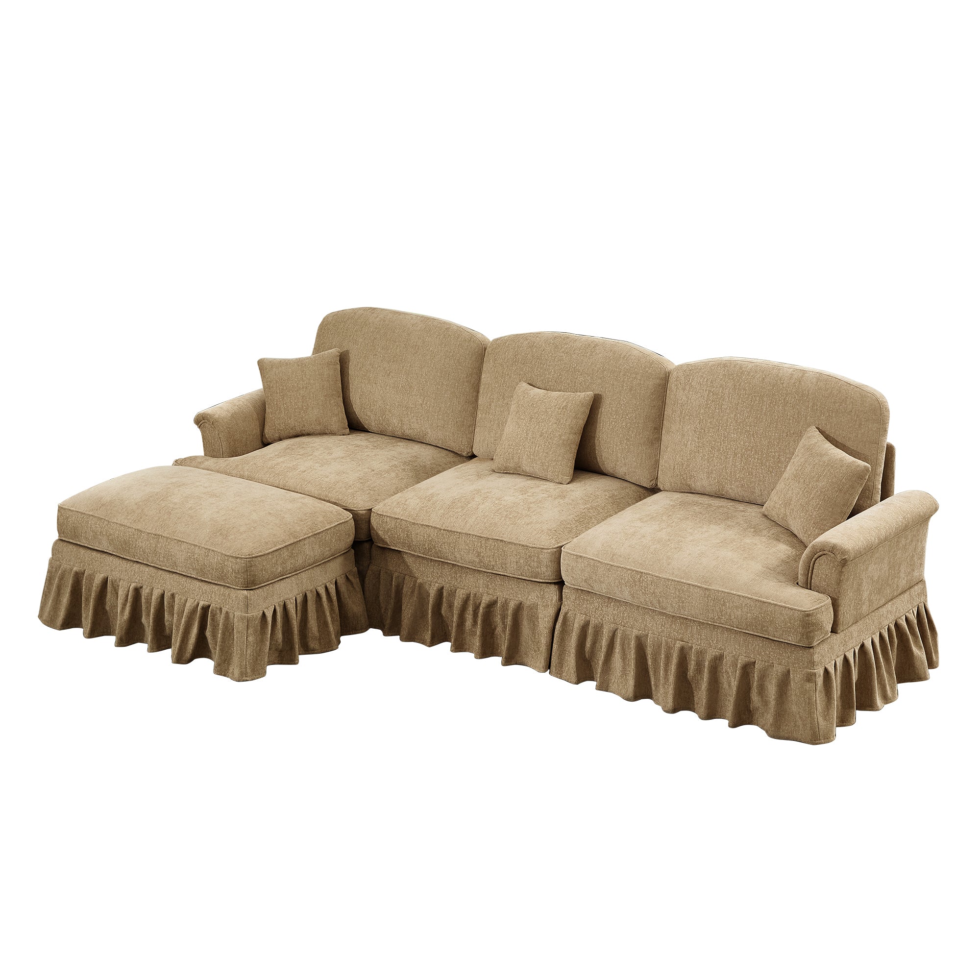 Mid Century Three Seater Modular L Shaped Sectional Couch with Flared Arms and Removable Ruffles Pleats Skirts and Spindle Legs, Comfy Chenille 3-Seat Deep Seat Sofa with Movable Ottoman,Light Coffee