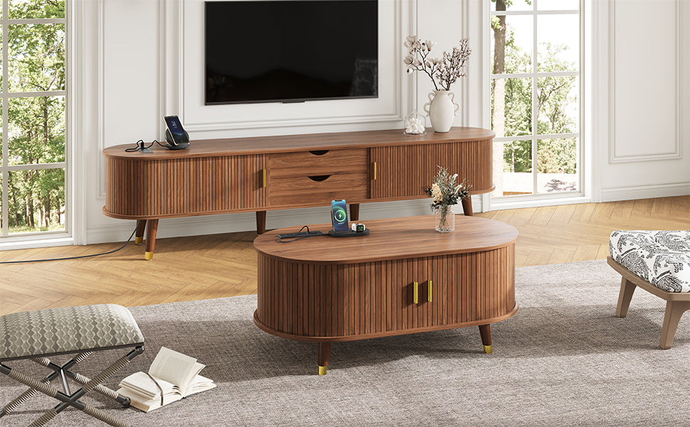 Wooden Farmhouse TV Stand & Coffee Table Set with Charging Station, Oval Fluted Media Console with Sliding Doors for TVs up to 80', Mid-Century Center Table with Solid Wood Legs for Living Room,Walnut