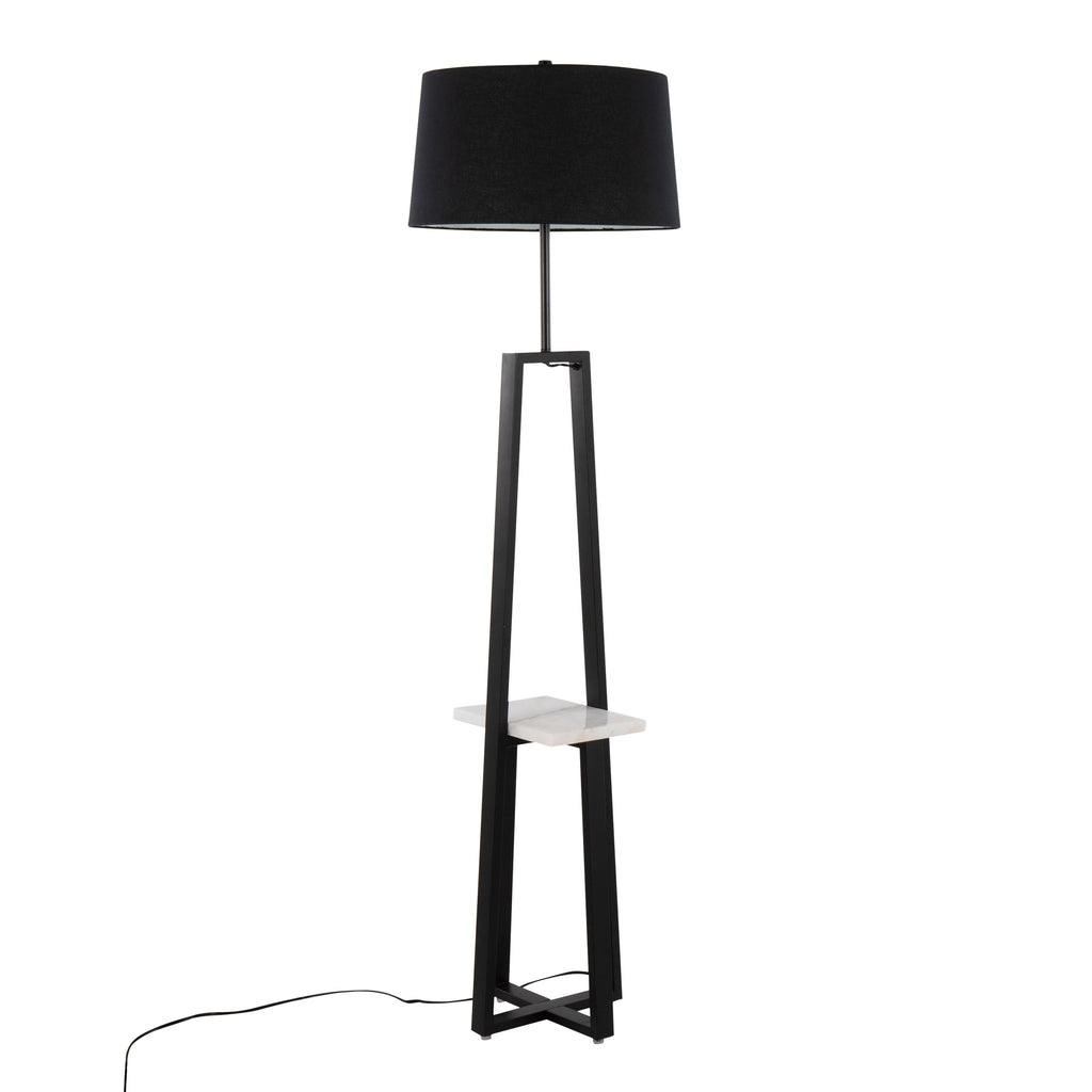 Cosmo Shelf Contemporary/Glam Floor Lamp in White Marble and Black Metal with Black Linen Shade by LumiSource