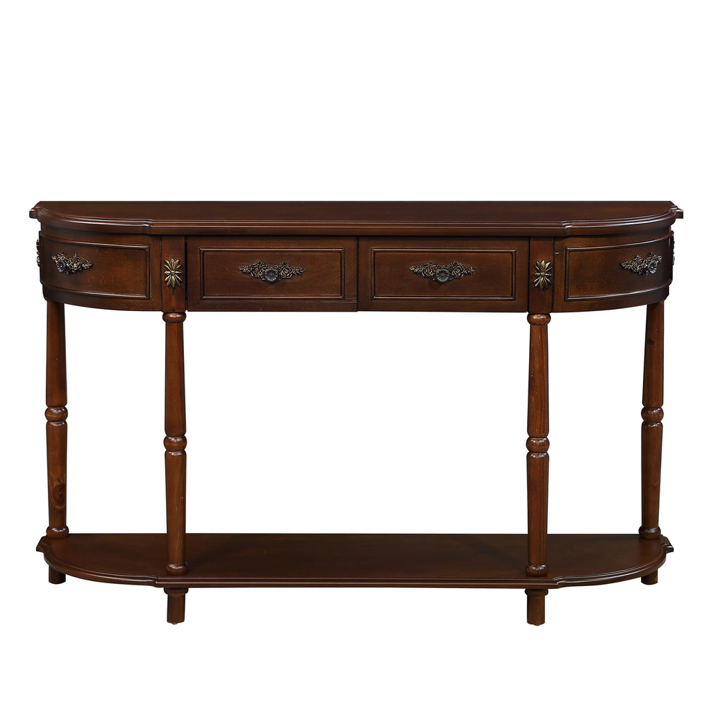 Retro Curved Wood Console Table, 52 inch Circular Half Moon Sofa Table with Open Shelf and 2 Drawers, Solid Wood Entry Table for Living Room, Hallway, Cherry