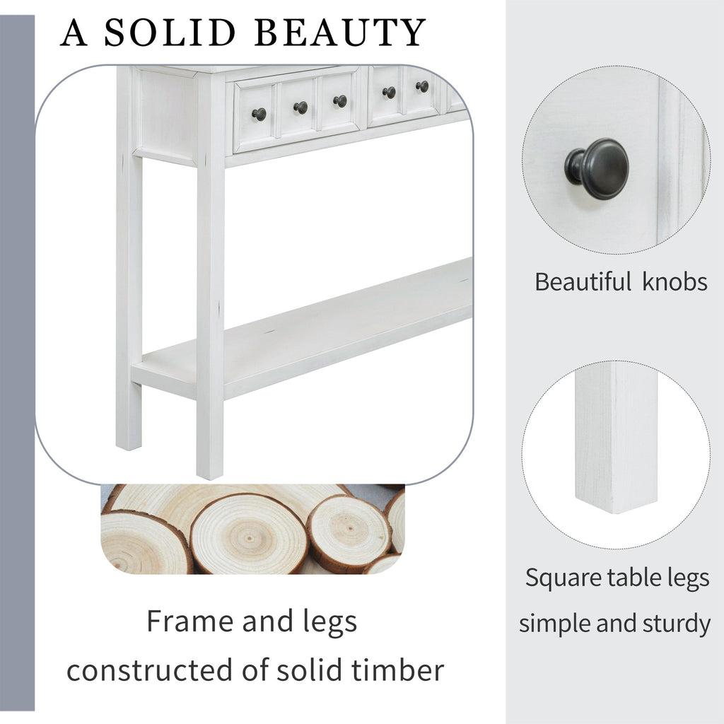 TREXM Rustic Entryway Console Table, 60" Long Sofa Table with two Different Size Drawers and Bottom Shelf for Storage (Antique White)