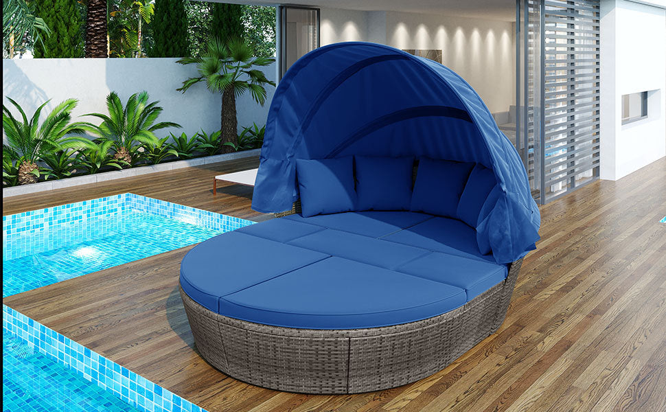 GO Outdoor rattan daybed sunbed with Retractable Canopy Wicker Furniture, Round Outdoor Sectional Sofa Set, Gray Wicker Furniture Clamshell Seating with Washable Cushions, Backyard, Porch, Blue