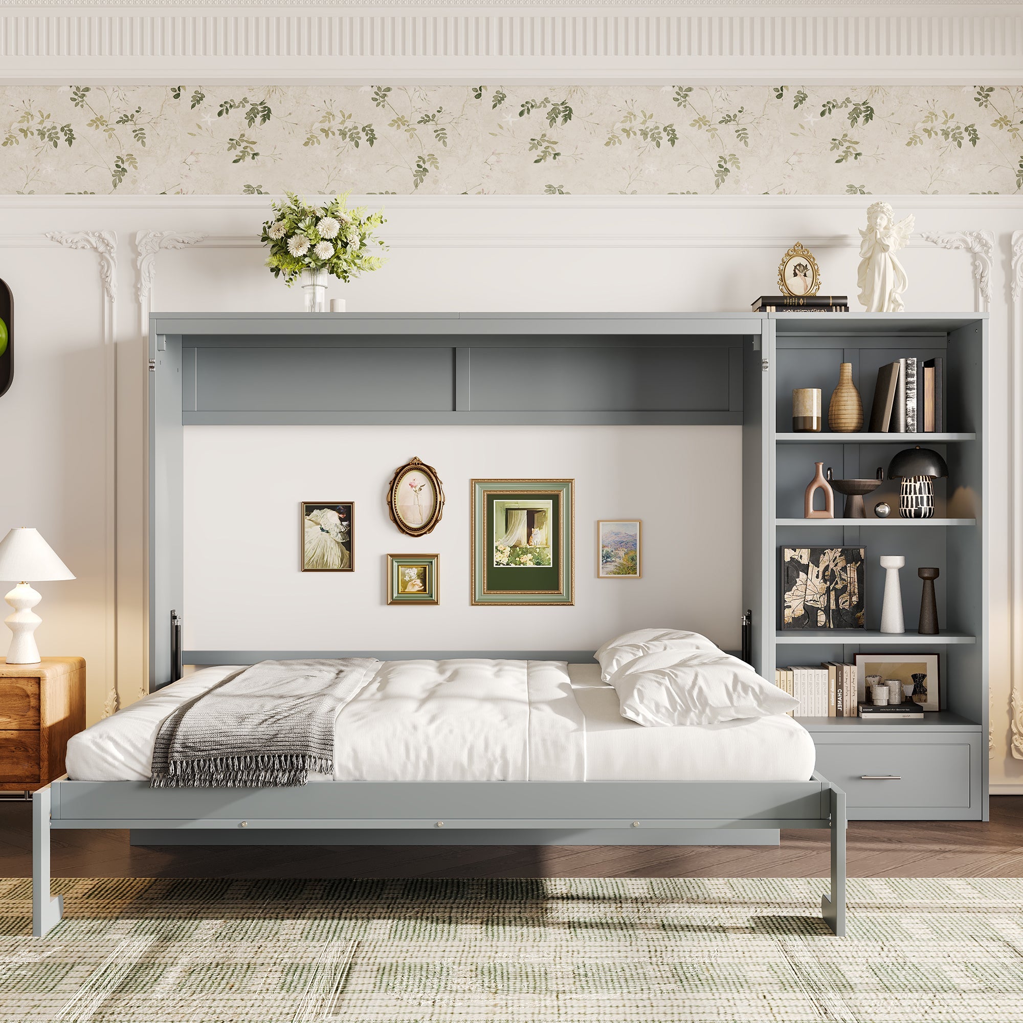Queen Size Murphy Bed with Height Adjustable Storage Compartments and Shelf, Wall Bed Frame With 1 Drawer, Multifunctional Foldable Platform Bed for Small Space,Bedroom,Guest Room, Gray