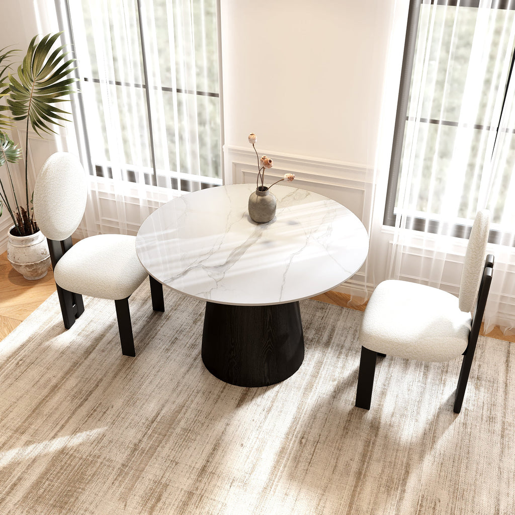 Small Round Modern Dining Table 43' Kitchen Table With Black Pedestal For 5 Person - White Grey